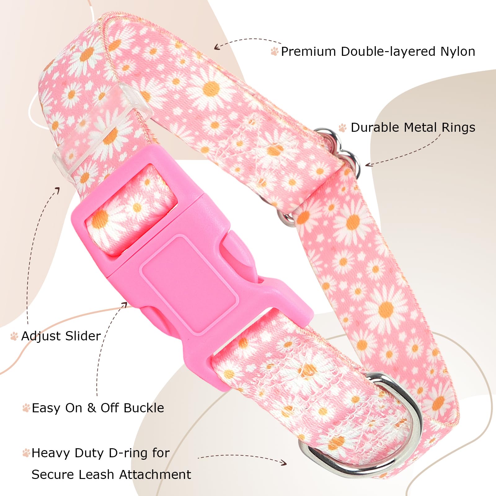 Pink Dog Collars For Small Dogs, Girl Dog Collars With Hot Daisy Flowers, Adjustable Comfy Soft Pet Collar With Safety Buckle Fo