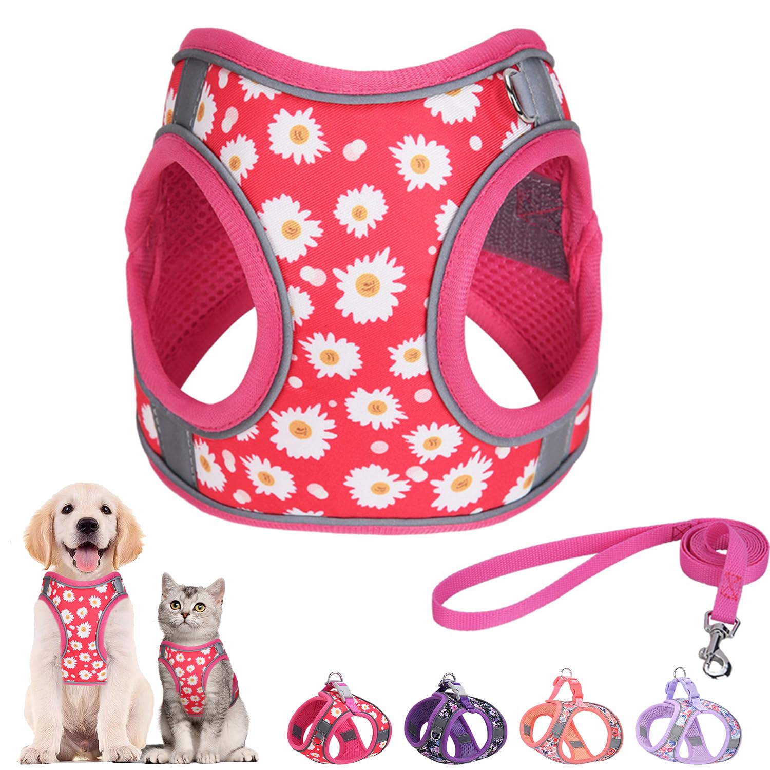 Step in Dog Harness and Leash Set, Flower Adjustable Easy Walk Puppy Harnesses, Soft Mesh Pet Vest Harness Small Size Dog Adjust