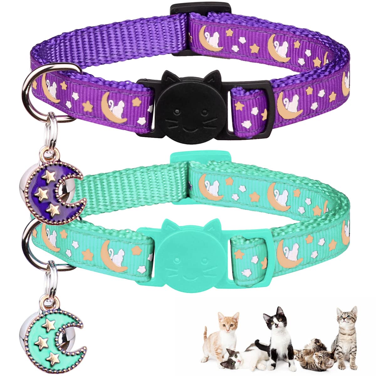 2Pcs Breakaway Cats Collars Cat Collars For Boy & Girl Cats Adjustable Kitten Collars With Bell,Purple+Teal,8''-13.1''