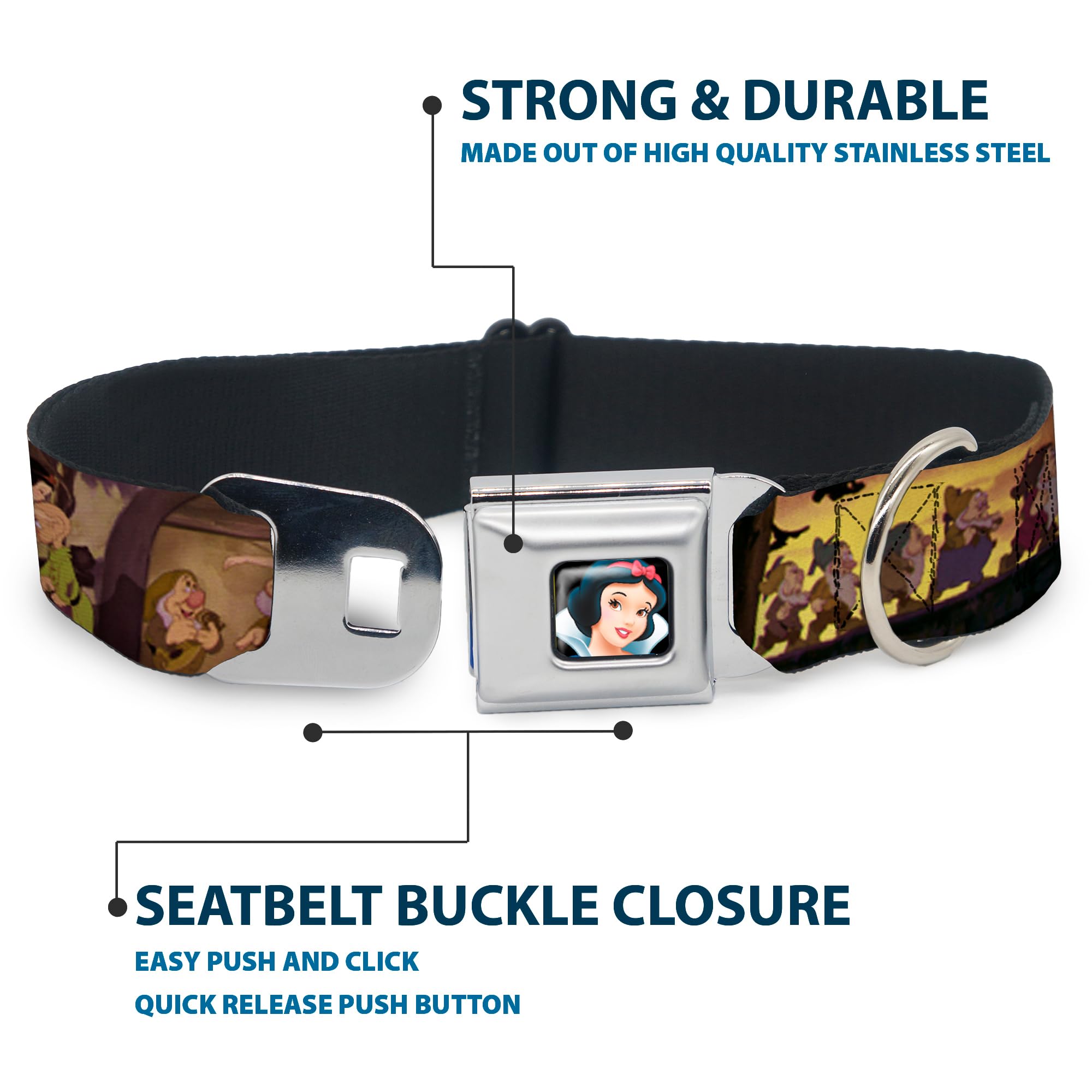 Buckle-Down Dog Collar Dyv-Snow White Full Color Black - Snow White & The Seven Dwarfs Scenes - Large 15-26'