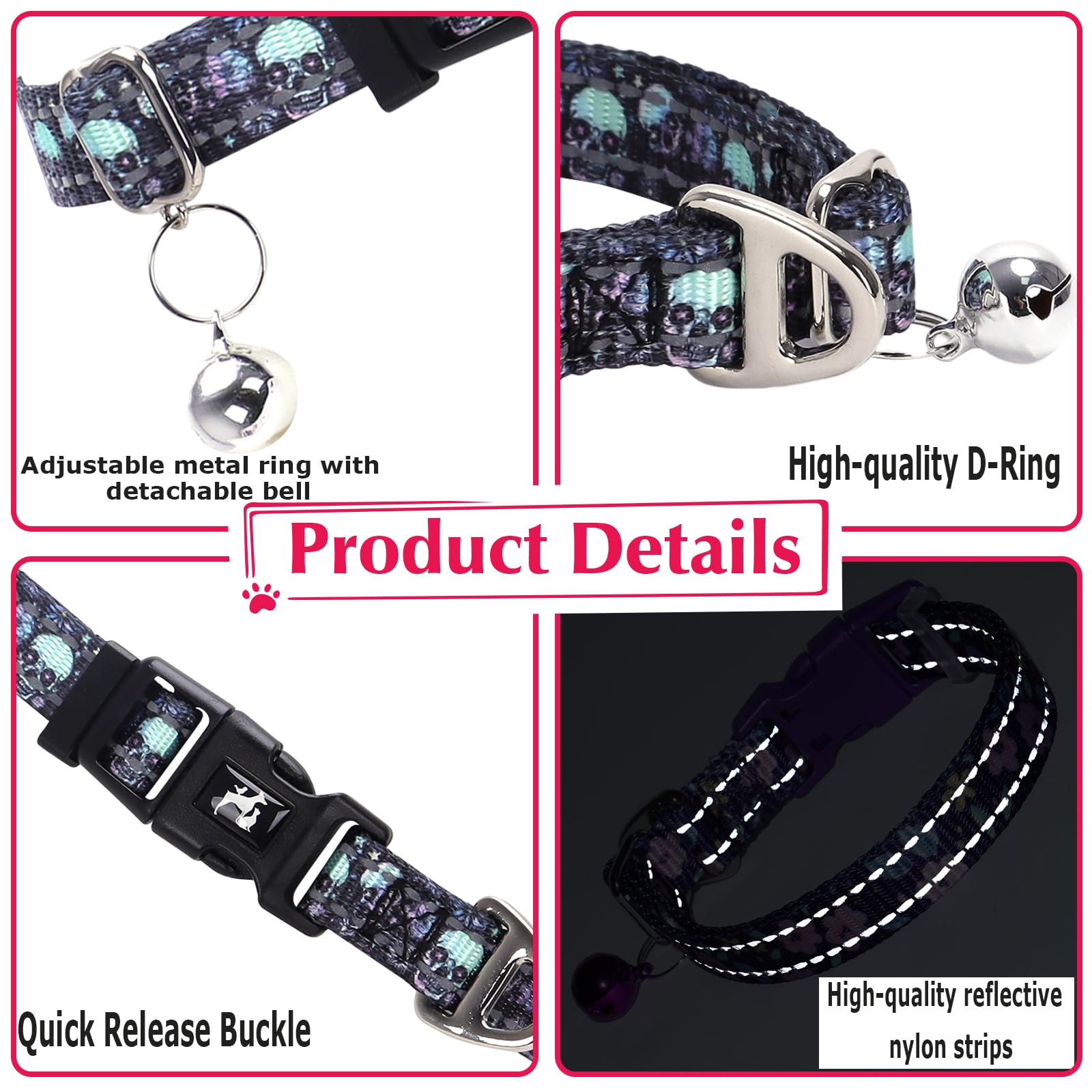 Reflective Puppy Collar With Bell For Small Dogs -Lightweight & Comfortable Soft Nylon Collars Gift For Boys Or Girls Dogs -Skul