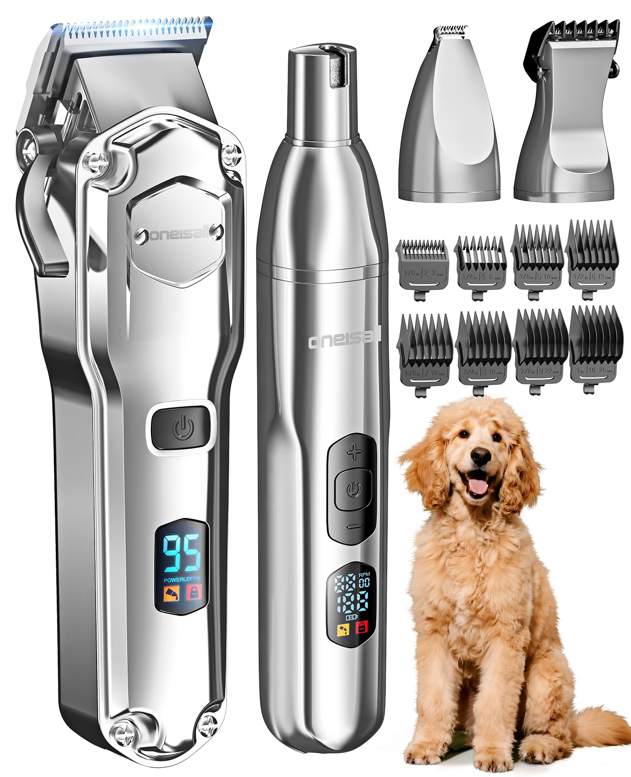 oneisall Dog Clippers for Grooming Thick/Heavy Coats, 4-in-1 Dog Grooming Kit Low Noise with Stainless Steel Blade, Cordless Dog