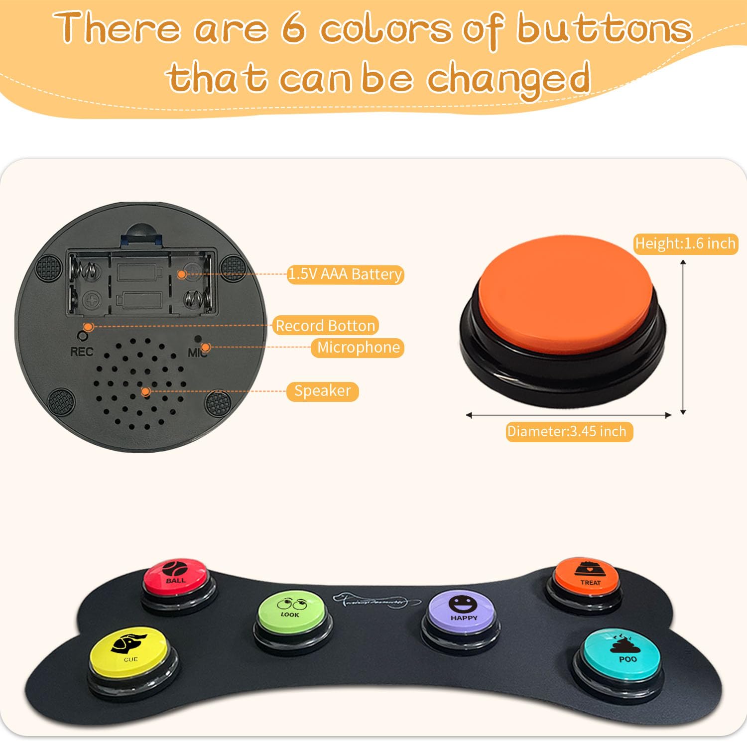 RIBOSY Dog Training Buzzer Set - 6 Recordable Buttons, Non-Slip Mat, 50 Stickers, Battery Included, Model RBS-RB-6P-05