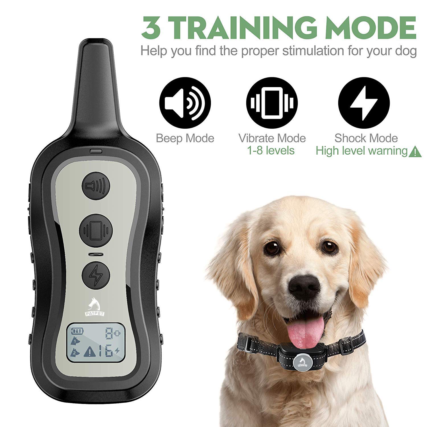 PATPET Dog Training Collar with Remote - 3 Training Modes, 1000 ft Range, Rainproof, for Small Medium Large Dogs - Light Grey