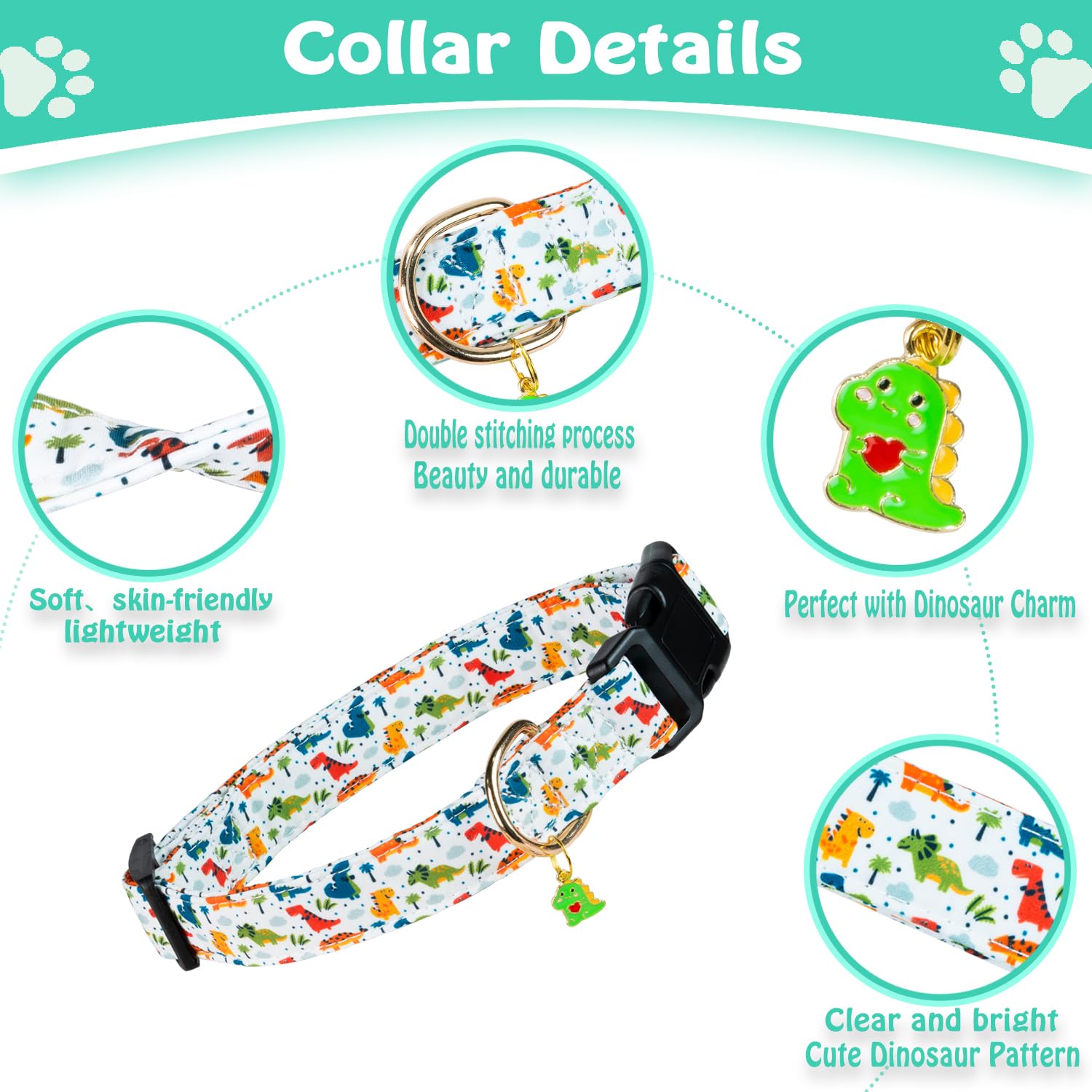 Prehai Cute Cotton Dog Collar - Special Design, Soft Adjustable Dinosaur Puppy Collars For Small, Medium, Large Dogs
