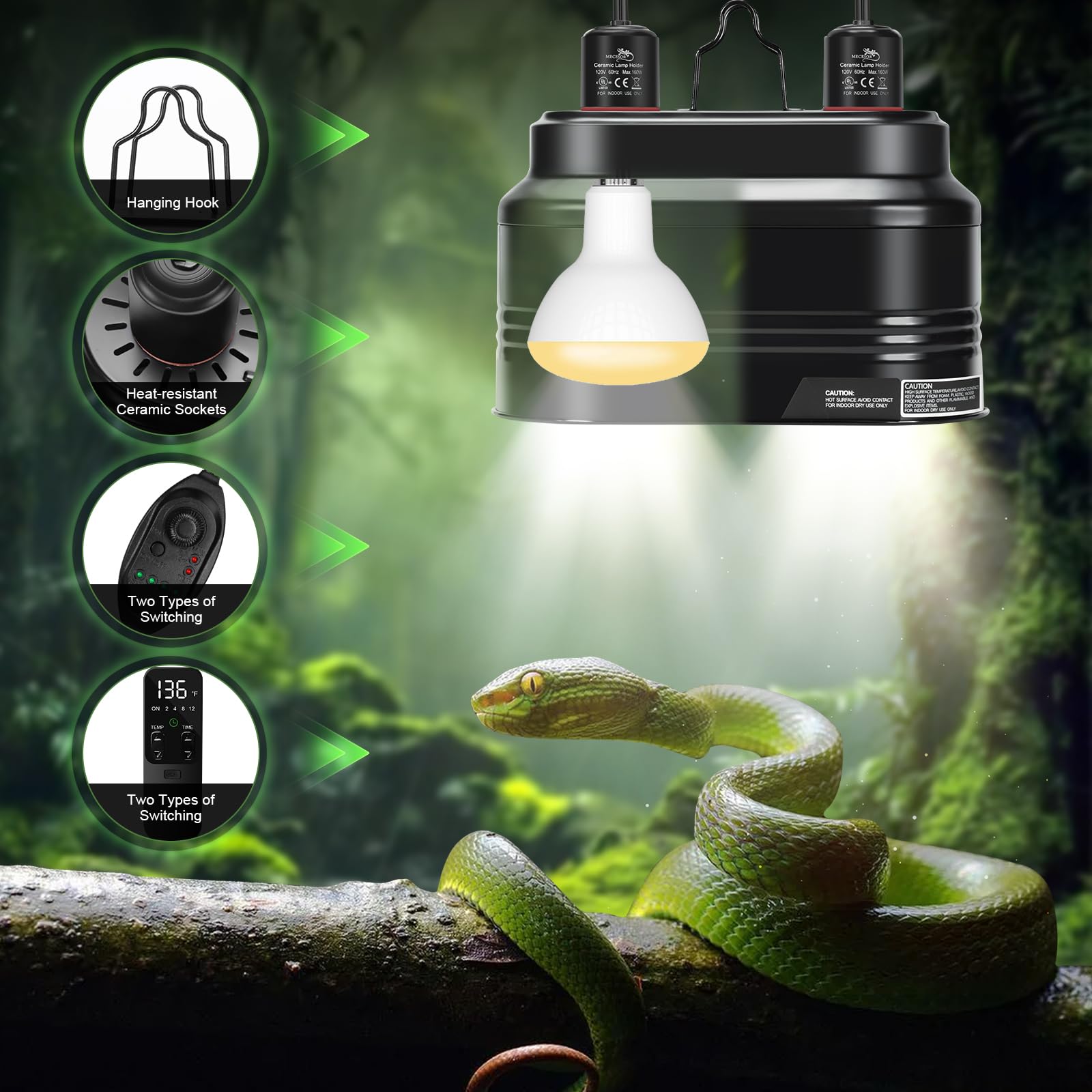 Mecesor Reptile Dual Light Fixture With Dimming Switch And Timer, Deep Dome Reptile Heat Lamp Fixture Double Uvb Light Fixture,