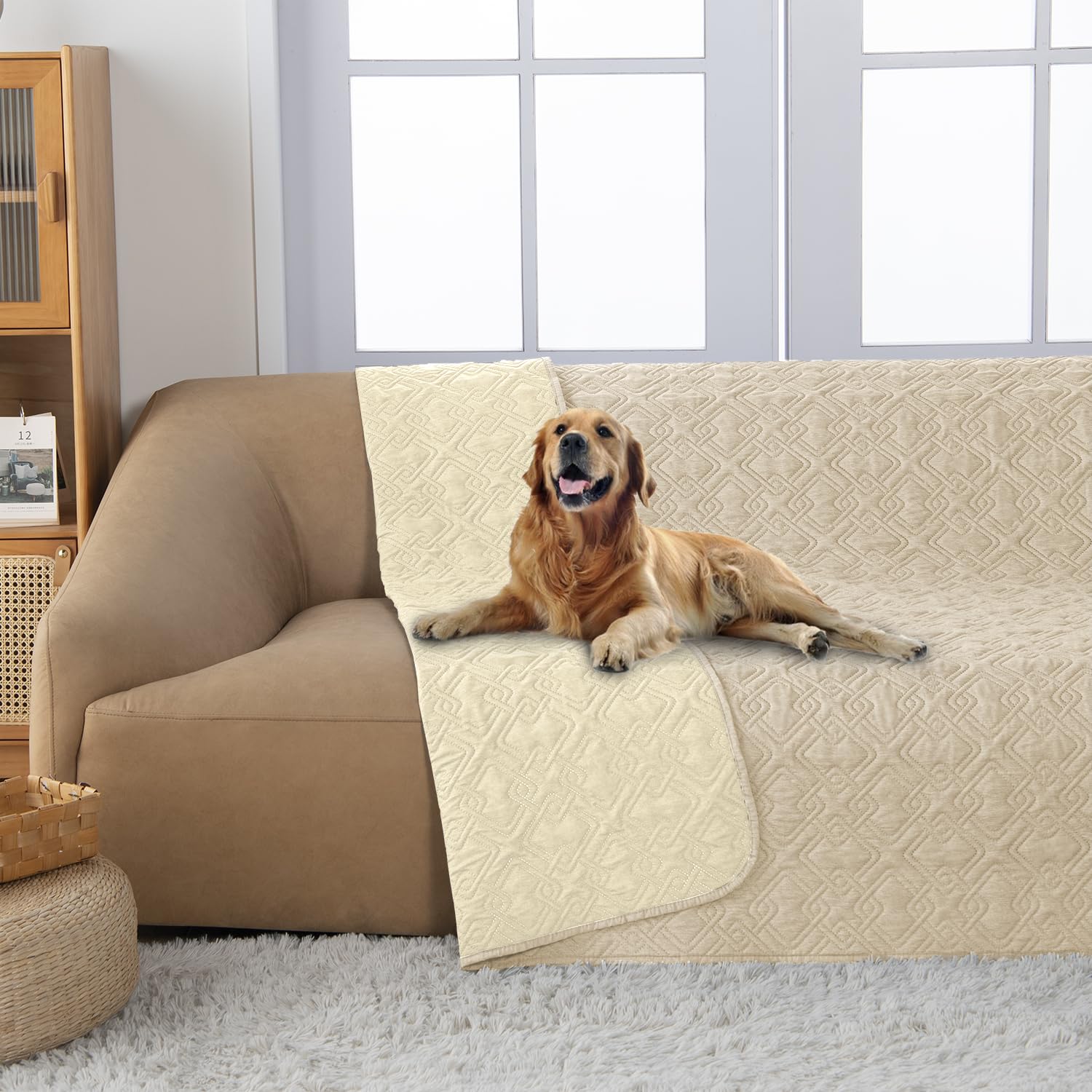 Fuguitex Waterproof Dog Bed Cover Dog Blanket For Pet Furniture Bed Couch Sofa Reversible Linen Texture(52''*82'',Cream+ Wheat)