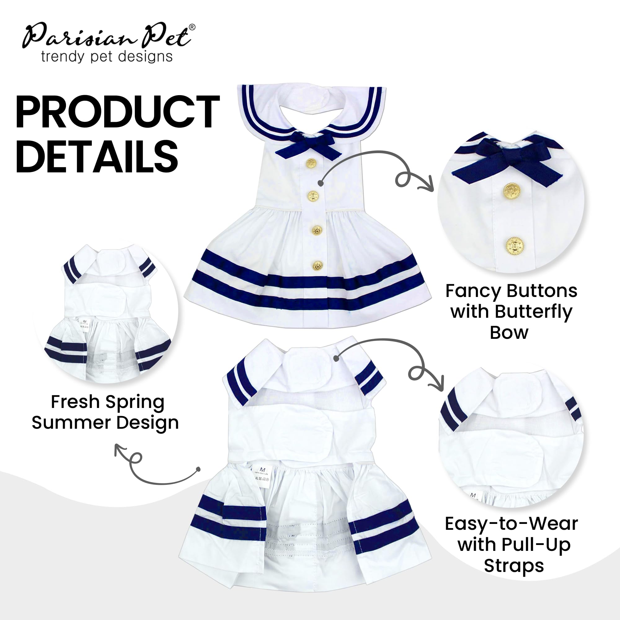 Parisian Pet Dog Dress - Lightweight Sailor Outfit - Breathable Summer Clothes - Pure Cotton White & Blue Dressy Outfit - Medium