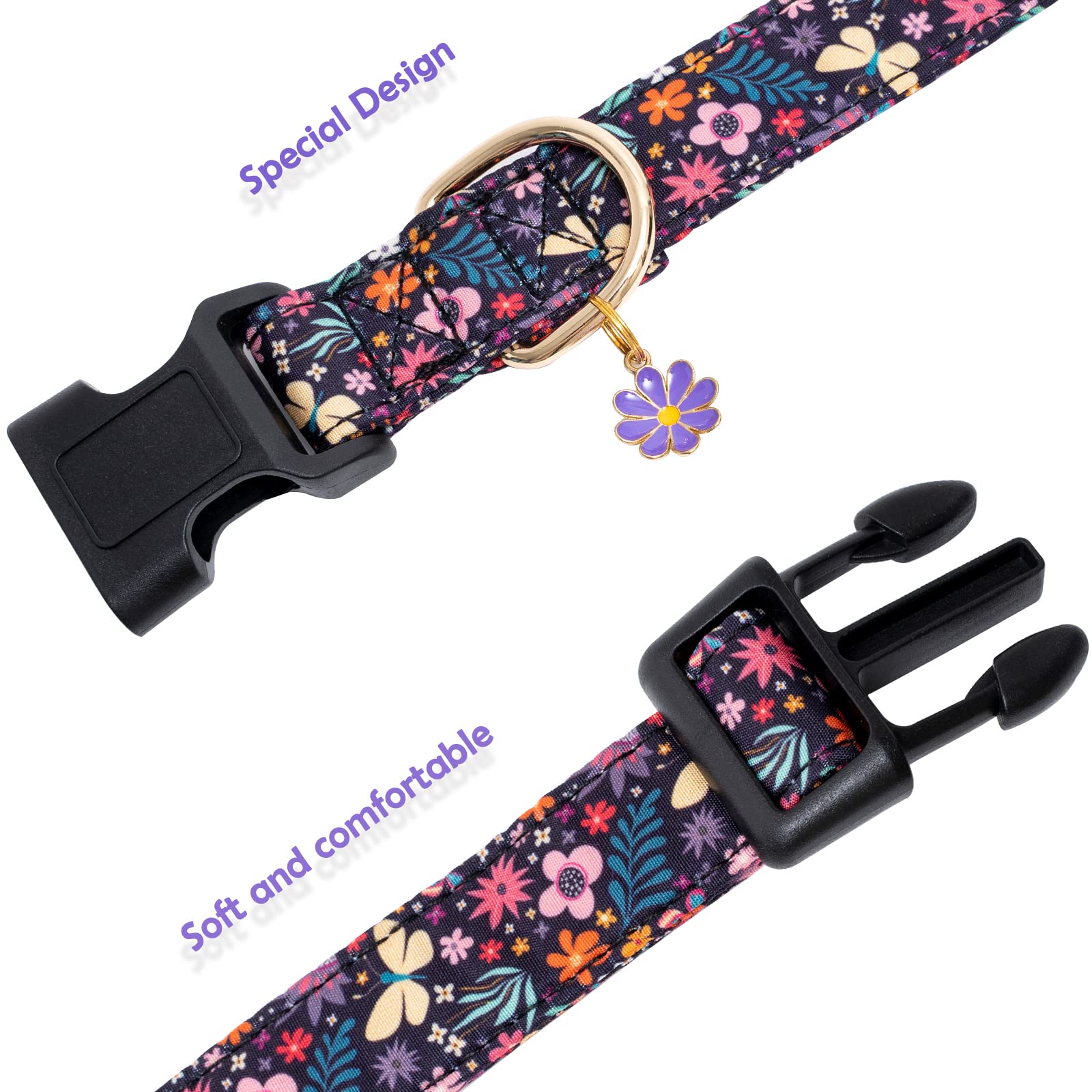 Faygarsle Cotton Designer Dogs Collar Cute Flower Dog Collars For Girl Female Small Medium Large Dogs With Purple Flower Charms Xs