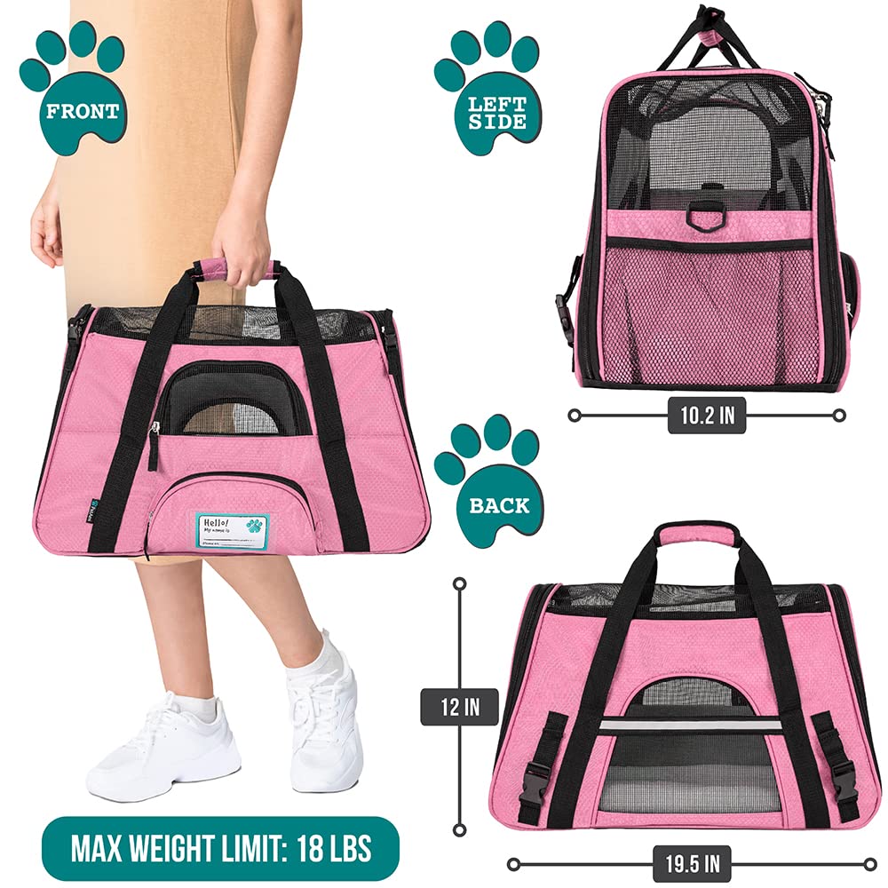 Petami Airline Approved Pet Carrier For Cat, Soft Sided Dog Carrier For Small Dogs, Cat Travel Supplies Accessories For Indoor Cats, Ventilated Pet Carrying Bag Medium Large Kitten Puppy, Large Pink