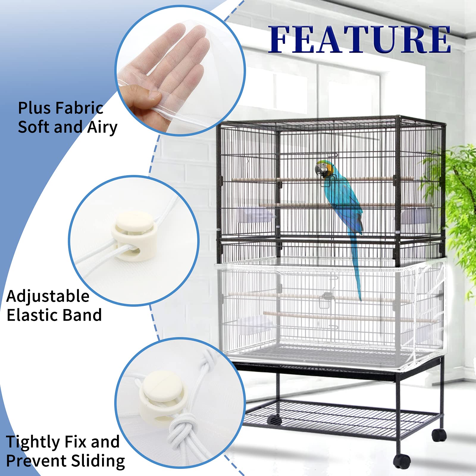 Daoeny Large Bird Cage Cover, Bird Cage Seed Catcher, Adjustable Soft Airy Nylon Mesh Net, Birdcage Cover Skirt Seed Guard For Parrot Parakeet Macaw African Round Square Cages (White)