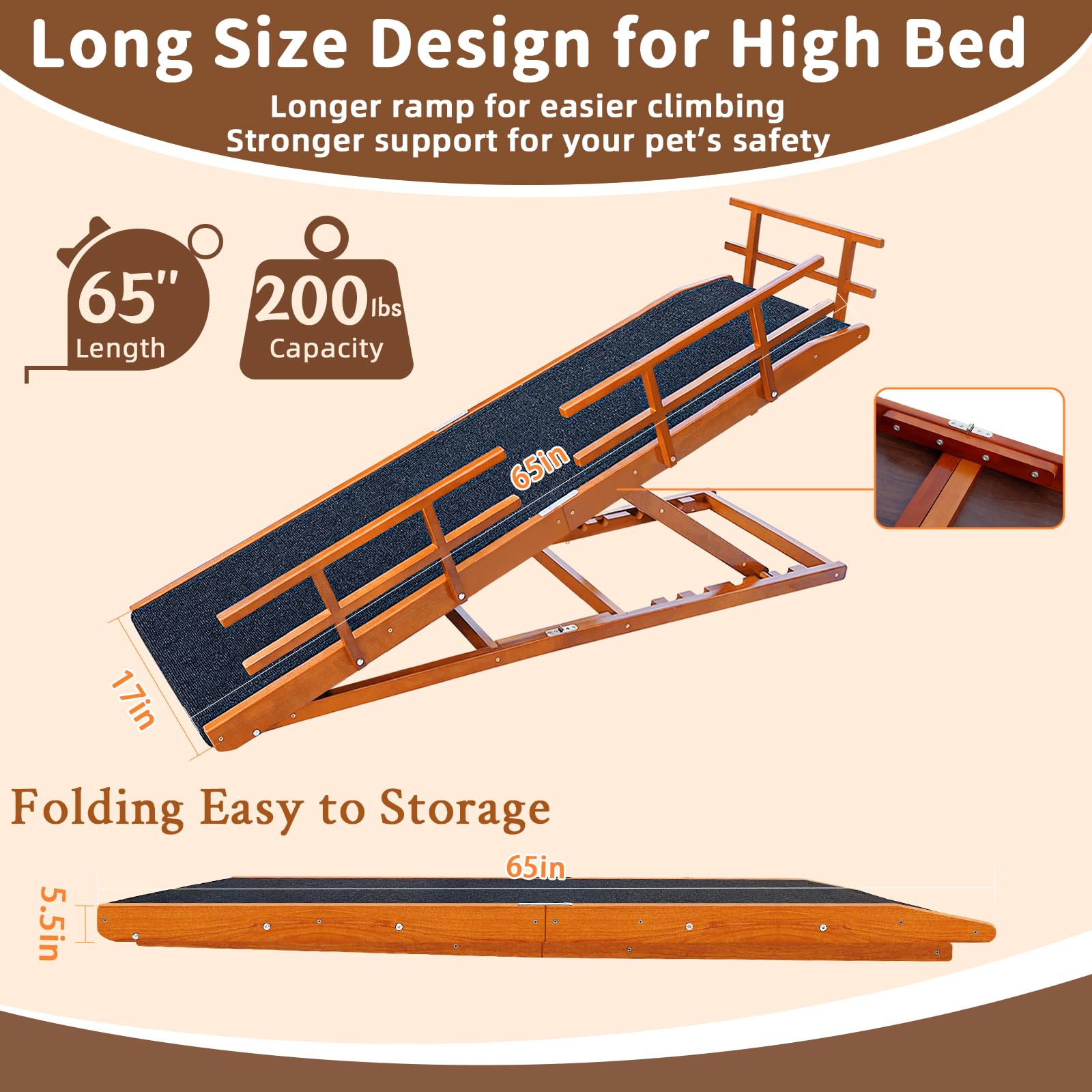 Jopavo Dog Ramp For Bed - 65'' Length, Supports Up To 32'' Height,Includes Non-Slip Replaceable Carpet, Safety Rails & Landing P