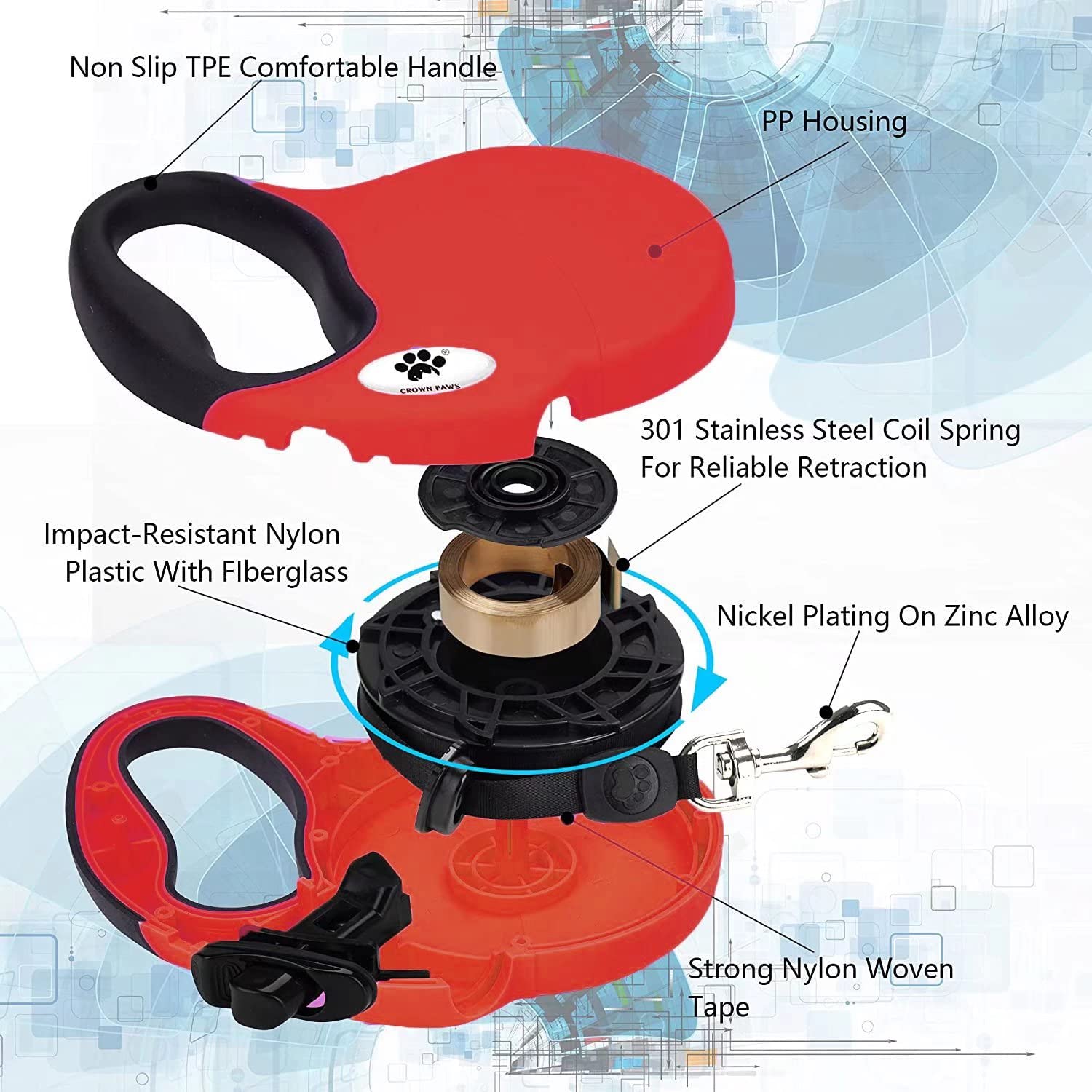 Crown Paws 16Ft Retractable Dog Leash For Large Breed Dogs Up To 110 Lbs With A Detachable Chew Proof Extender Wire Ropes (Red L