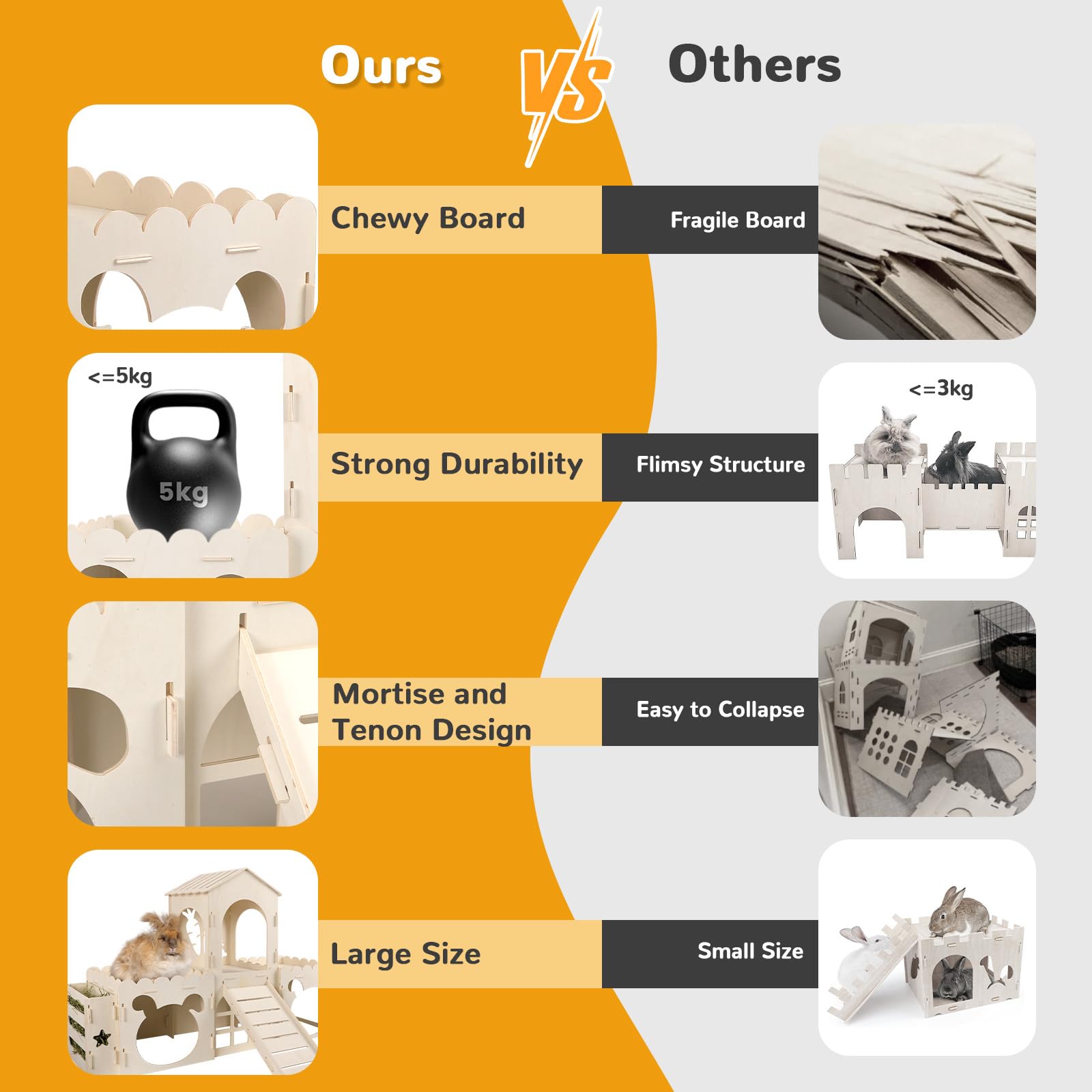 Large Rabbit Hideout Bunny Castle, Wooden Bunny House & Hay Feeder, Detachable Rabbit Hideaway, Indoor Rabbit Castle With Ramp,