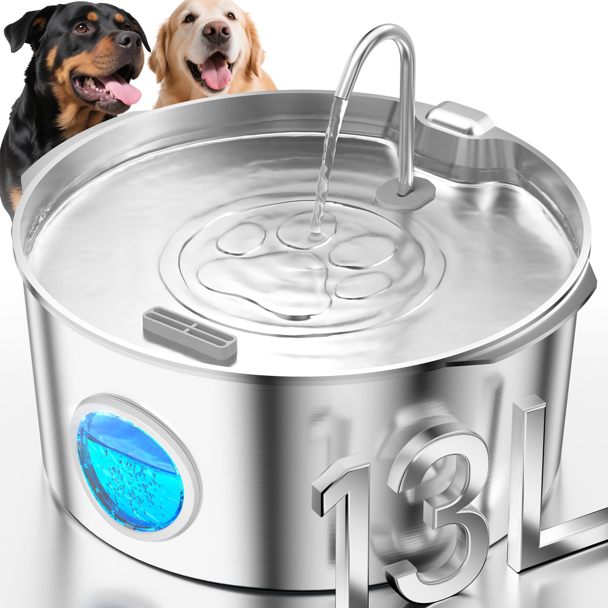 3.4Gal Dog Water Fountain for Large Dogs, Extra Large Stainless Steel Pet Water Fountain, Round Dog Water Bowl Dispenser with Me