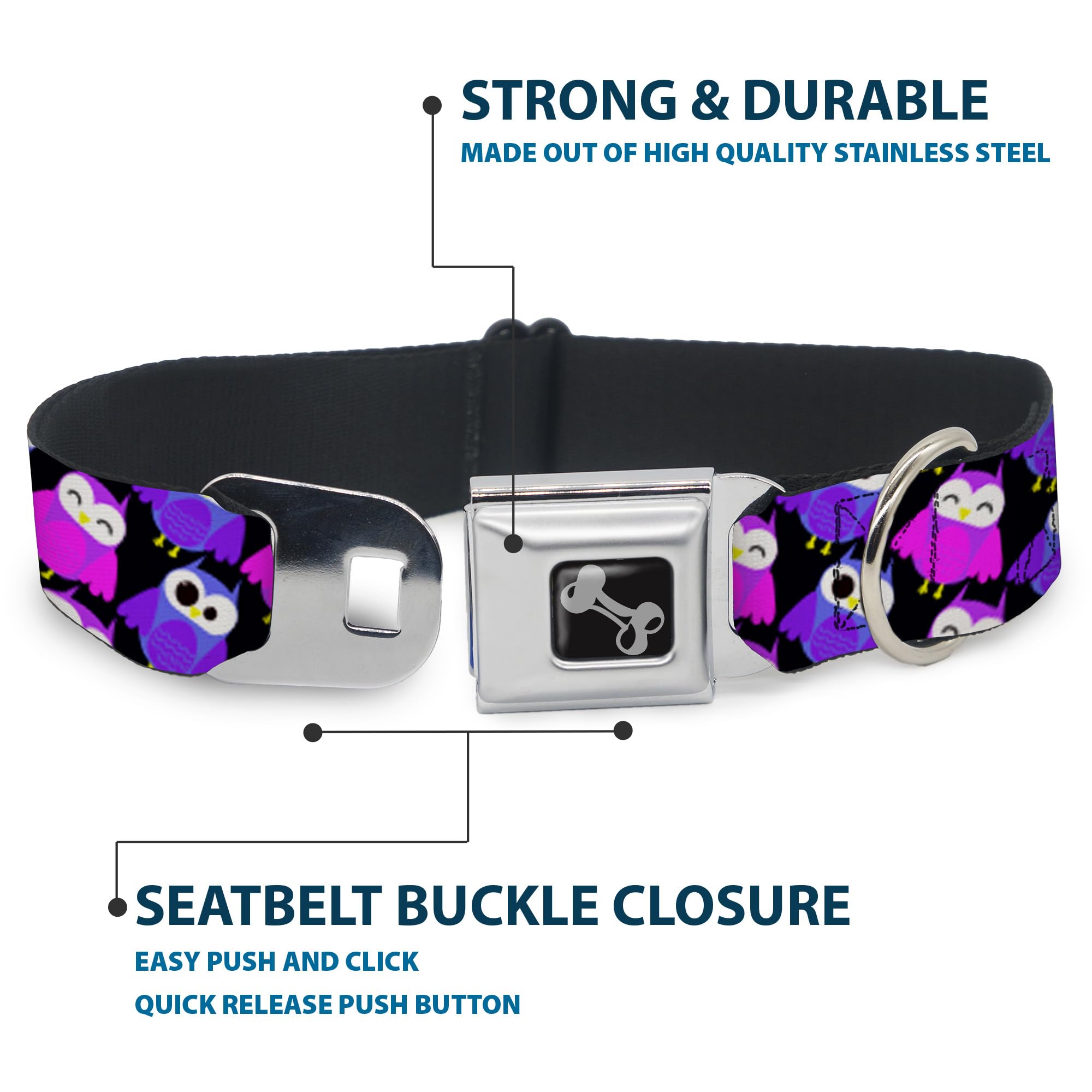 Dog Collar Seatbelt Buckle Owl Eyes Black Purples Pinks 16 to 23 Inches 1.5 Inch Wide