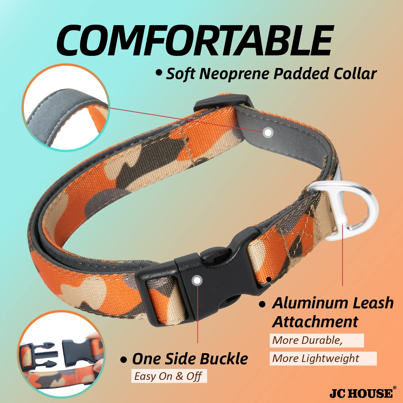 Jc House Soft Padded Dog Collar, Neck 12-20, Adjustable Heavy Duty Collar With 3M Reflective Logo For Medium, Large Dogs, Camo O