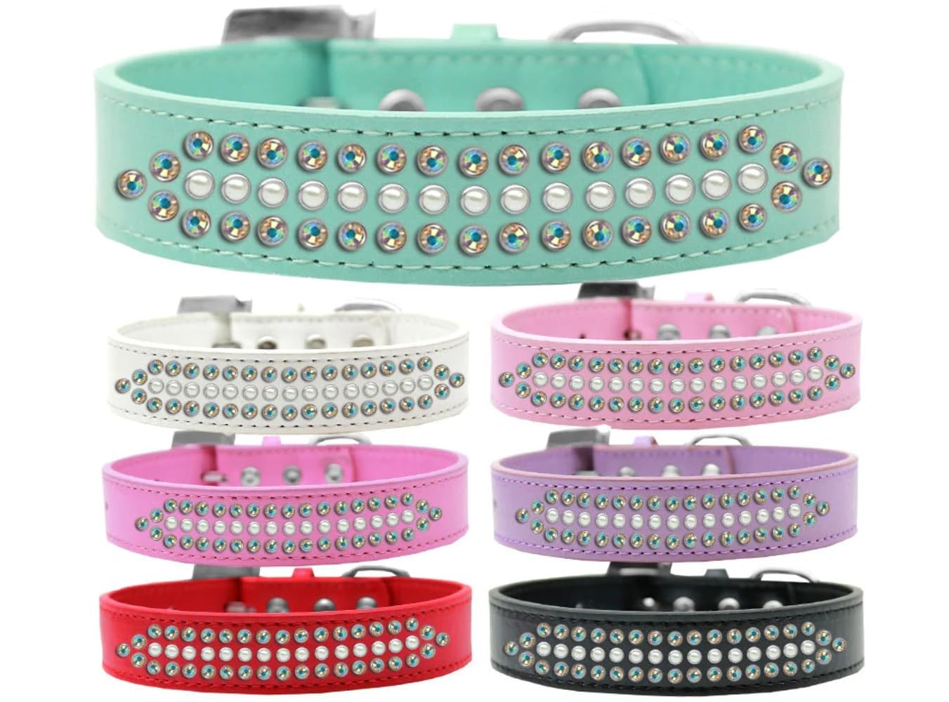 Dog, Puppy and Pet Fashion Collar, Ritz Pearl & Aurora Borealis Crystals Rimsets Bright Pink 18