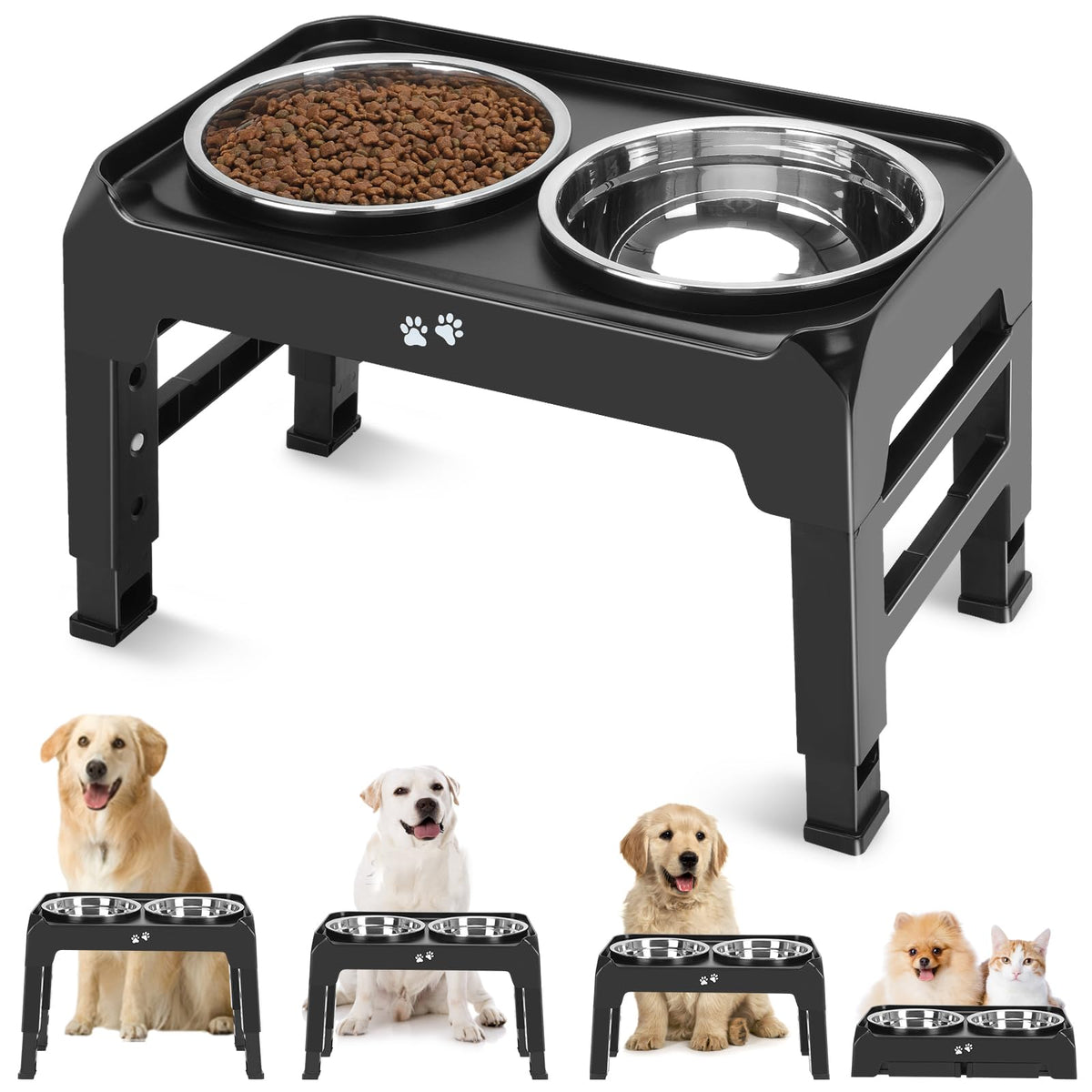 Elevated Dog Bowls, 4 Height Adjustable Raised Dog Bowl Stand With 2 Thick 50Oz Stainless Steel Dog Food Bowls Non-Slip Dog Feeder For Large Medium Dogs Adjusts To 3.7', 9.2', 10.75', 12.36' Black