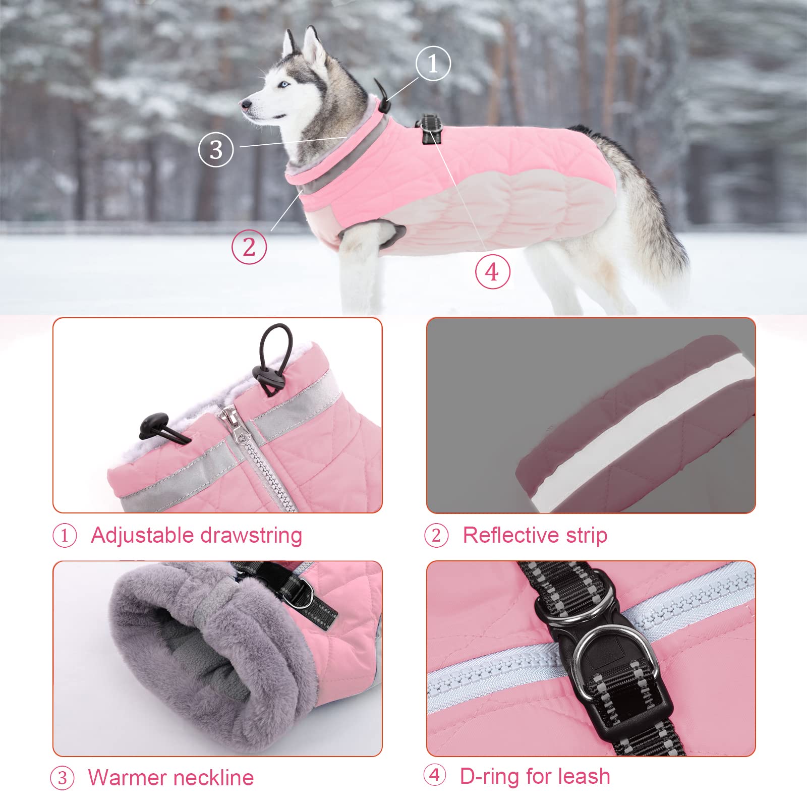 Lelepet Warm Dog Winter Coat Dog Cold Weather Coats Windproof Reflective Turtleneck Dog Fleece Vest With Harness Thick Fleece Li