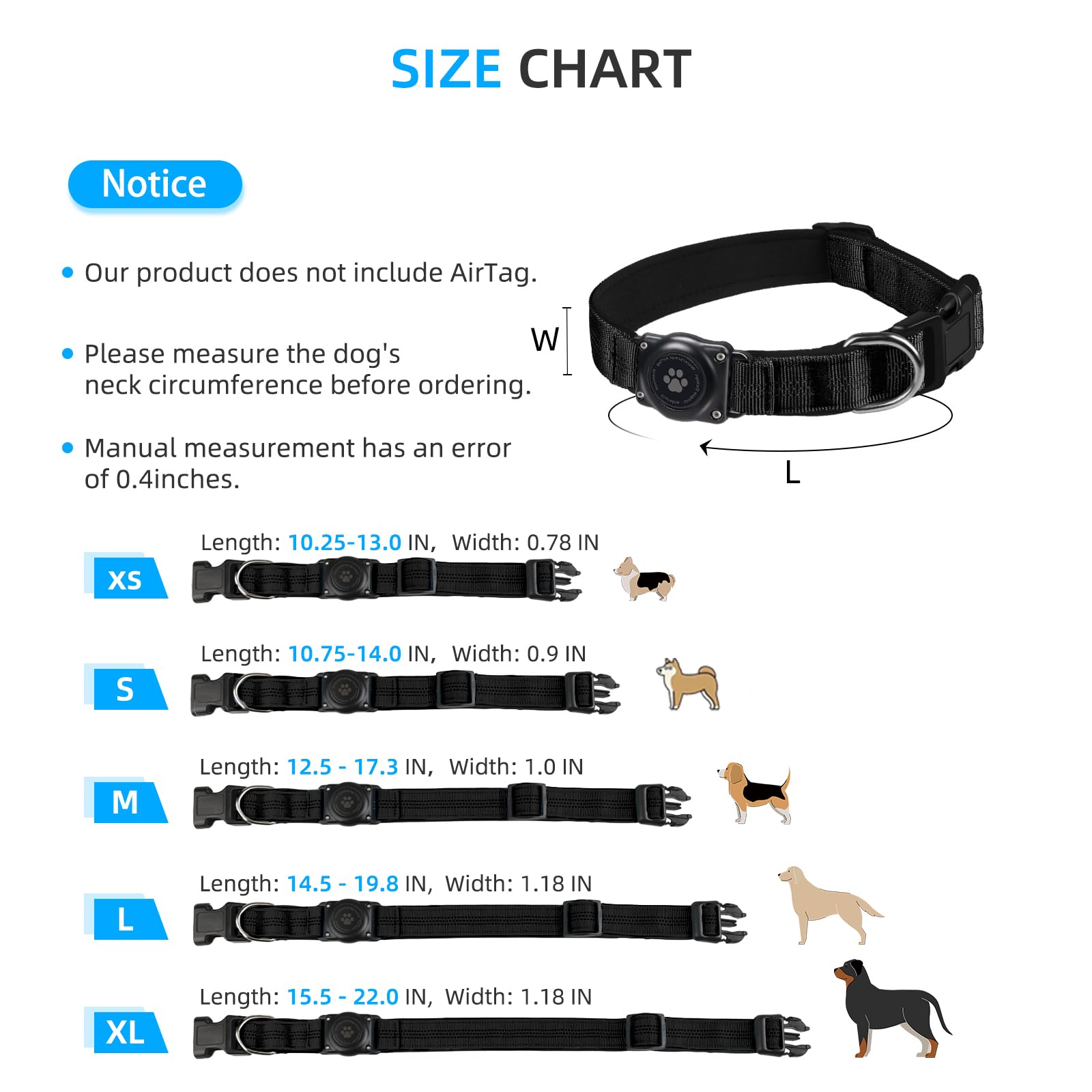 Upgraded Airtag Dog Collar, Ip68 Waterproof Air Tag Dog Collar Holder, Reflective, Ultra-Durable, Comfortable Padded, Heavy Duty Dog Collars For Small Medium Large Dogs (L (14.8'-20.3'), Black)
