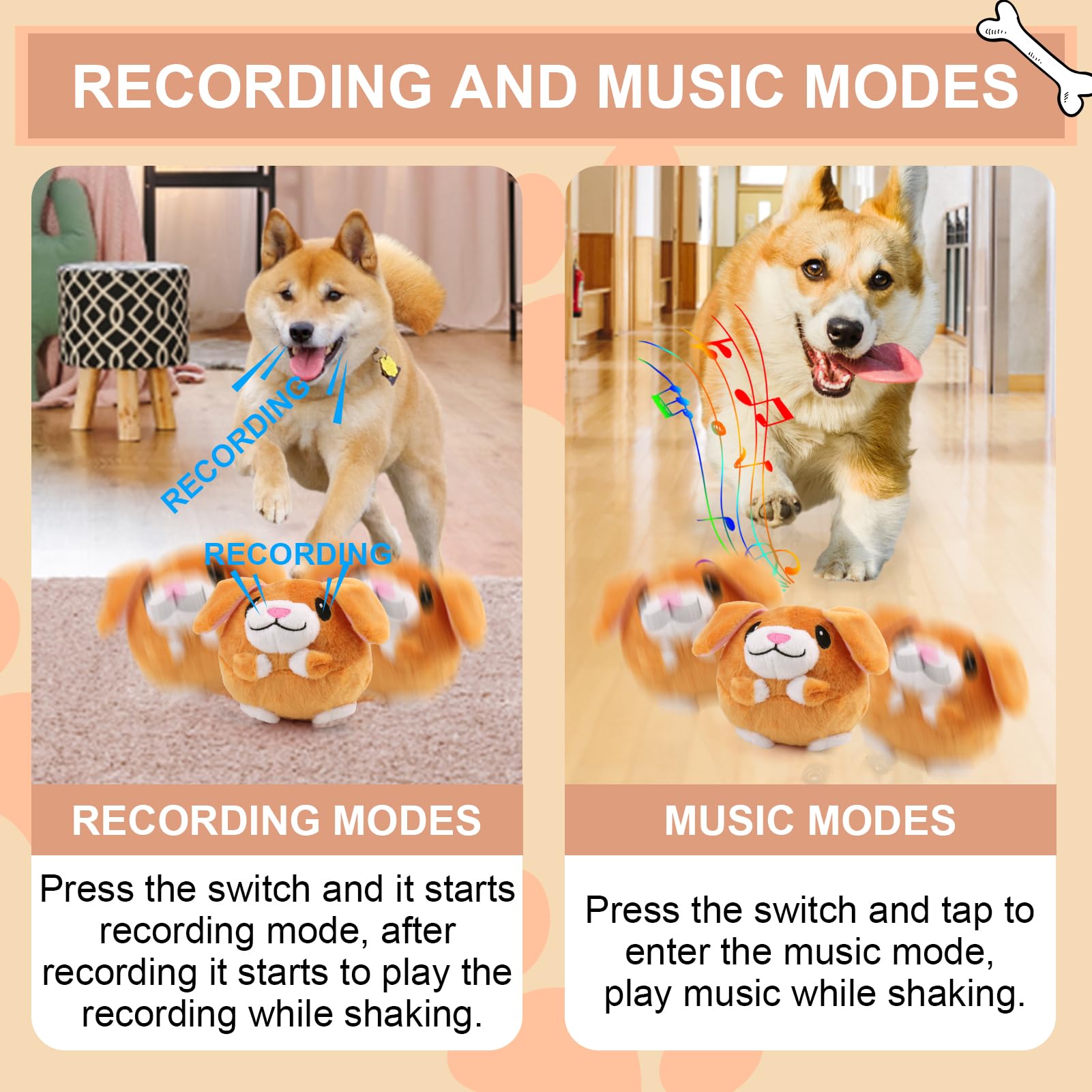 Baborui Interactive Dog Toys Puppy, Jumping Squeaky Dog Toys With Recording And Music Modes, Rechargeable Moving Dog Chew Toys F