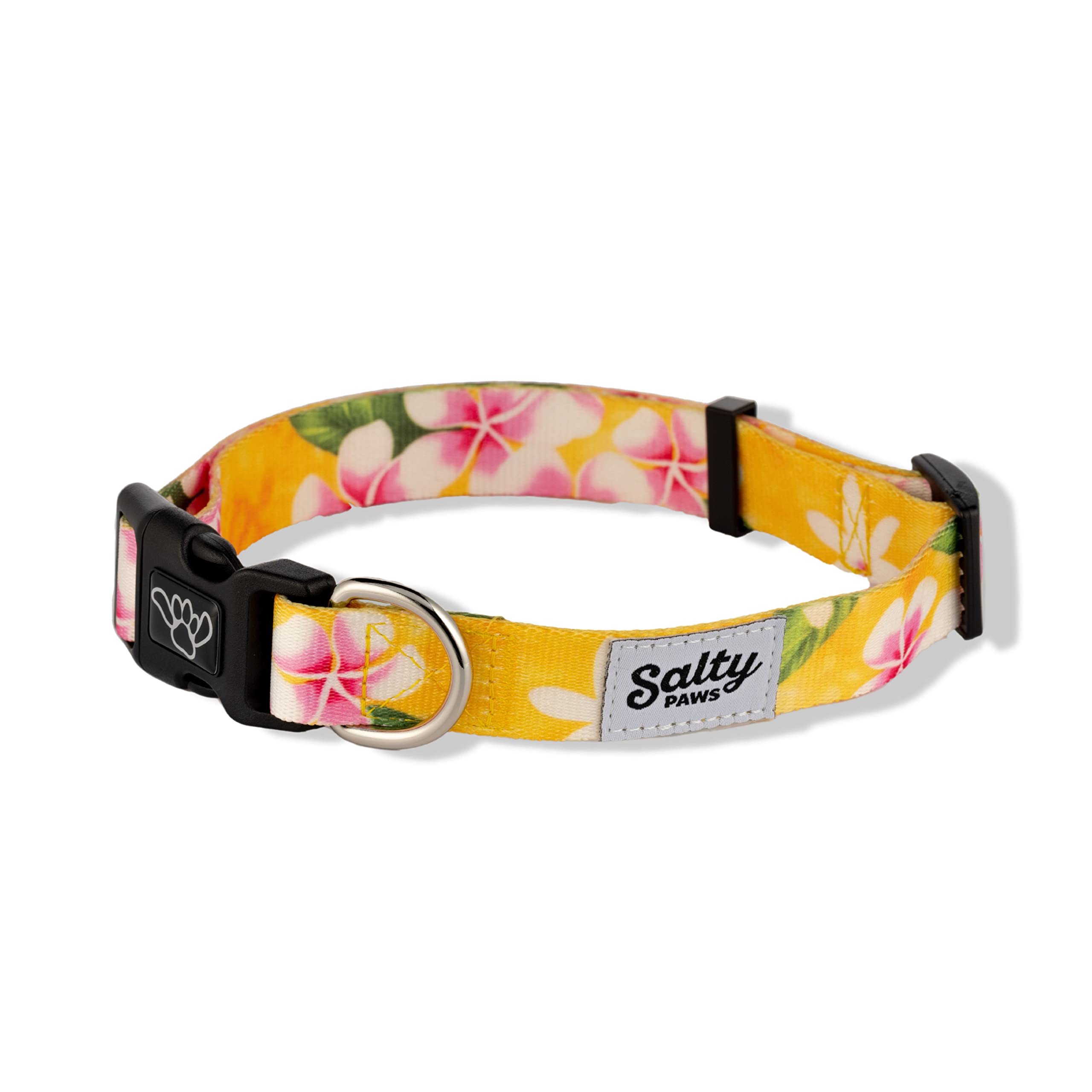 Salty Paws Tropical Yellow Floral Dog Collar For Beach, Boating, Surfing (Medium Size Adj. 14-20 For Dogs 25-50 Lbs, Flower Pr