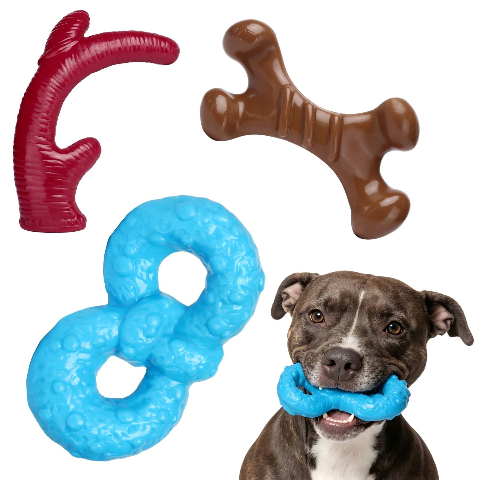 Aipper Indestructible Dog Chew Toys for Aggressive & Power Chewers, 3 Pack Heavy-Duty Nylon Toys, Bacon Flavor Bone Antler Donut