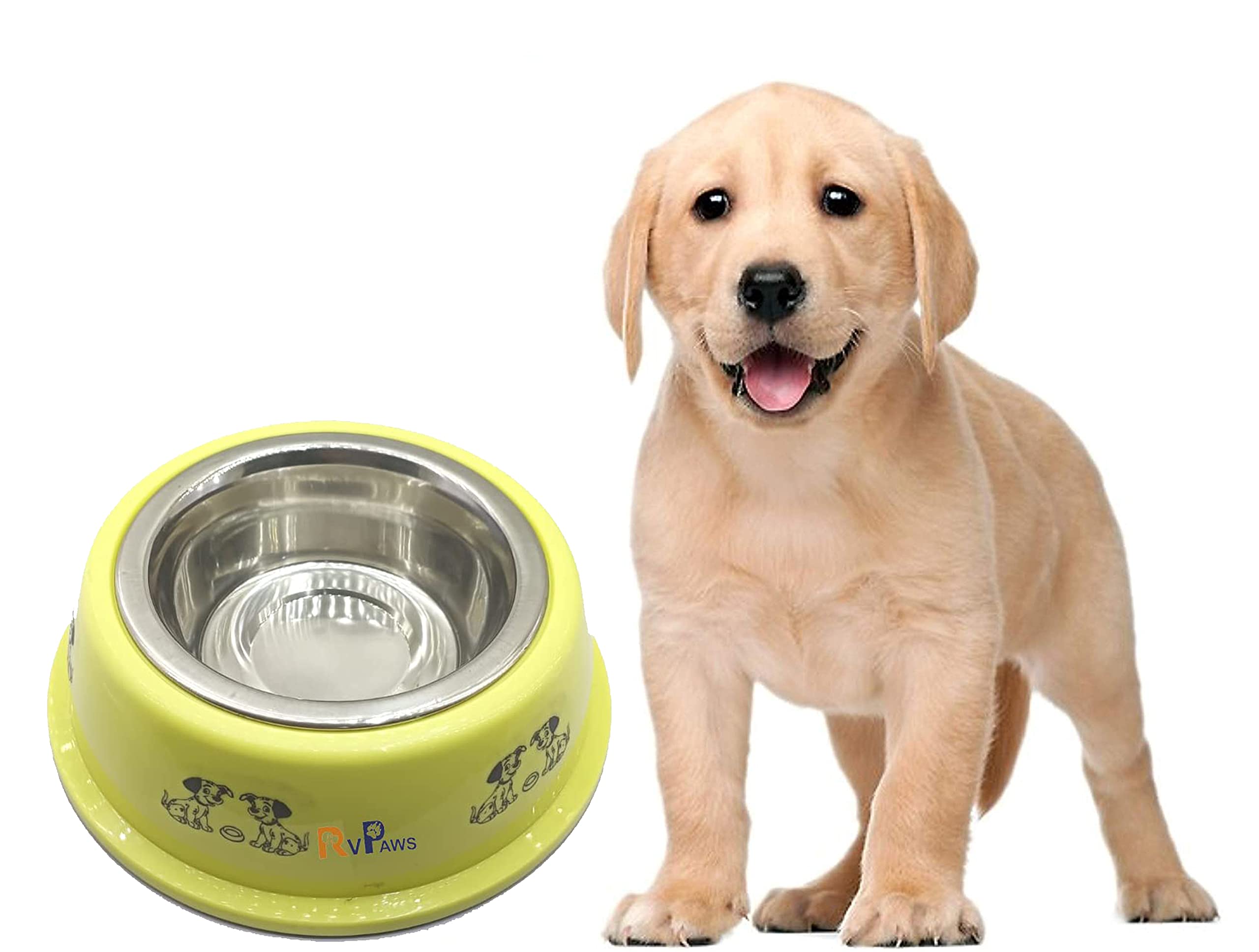 Woofy Pet Supplies Bowl/Colorfull Stainless Steel Dog Bowl/Dog Feeding Bowl/Printed Dog Bowl (800 Ml) (Light Yellow)