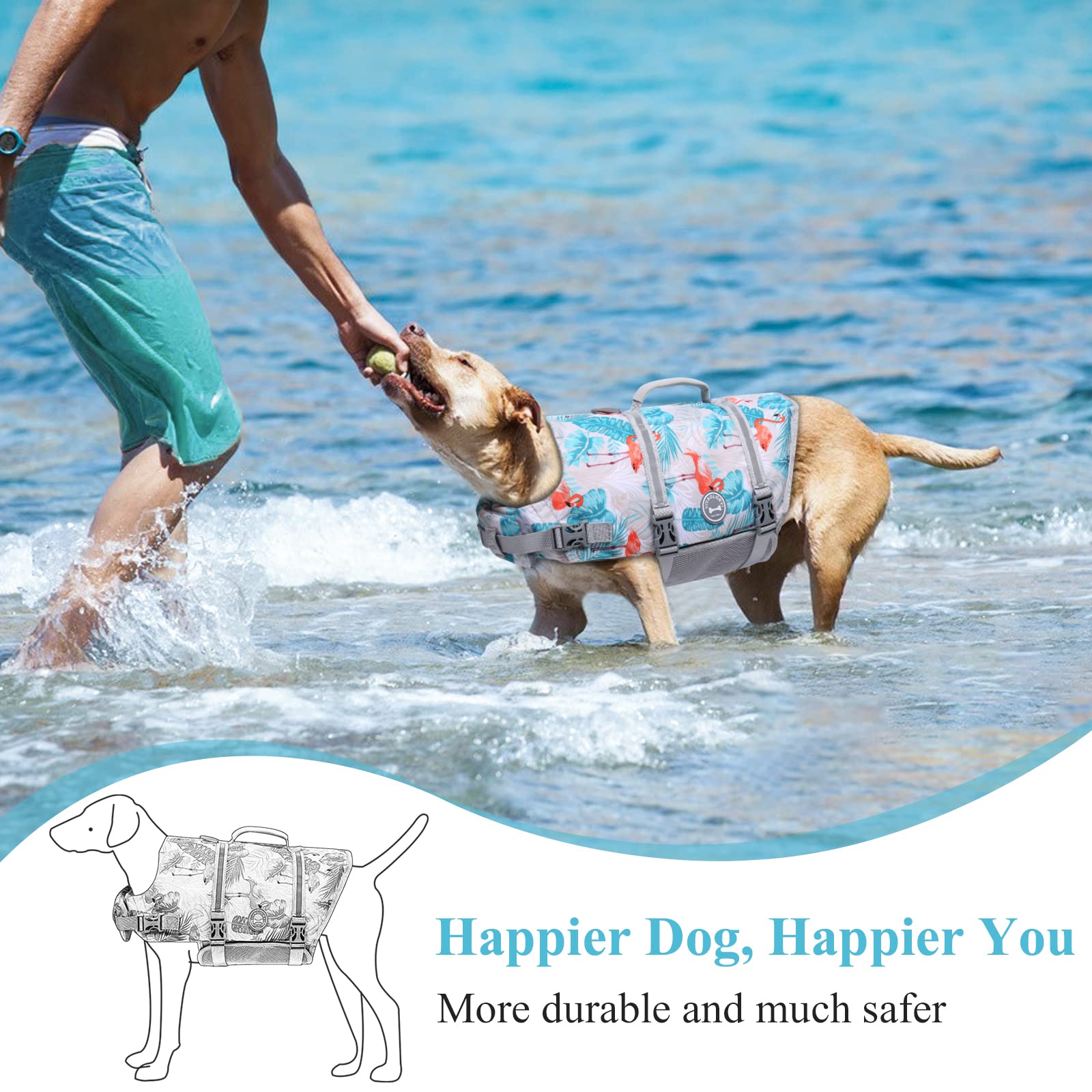 Vivaglory Ripstop Dog Life Jacket For Boating, Dog Swimming Vest Enhanced Visibility Safety And Buoyancy, Leaves Blue, M