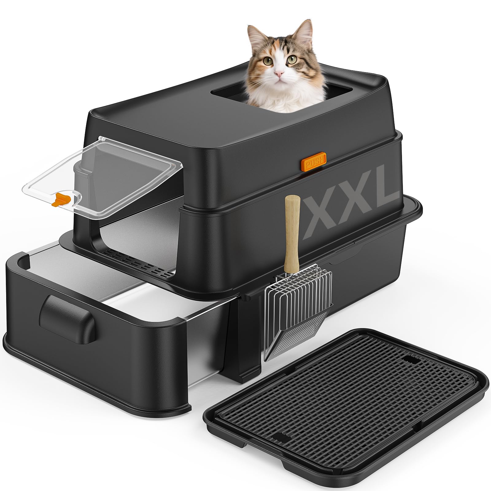 HTii- XXL Stainless Steel Cat Litter Box with Drawer, Extra Large Box for Cats, Enclosed Metal Kitty Litter Box with Litter Scoo