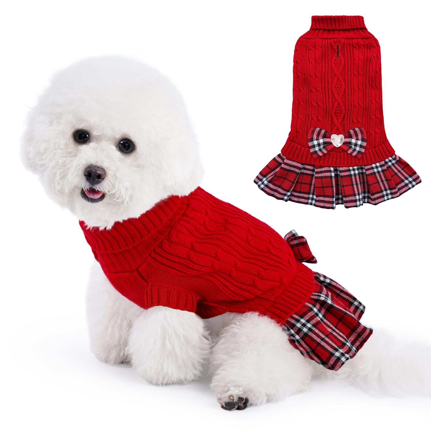 YUDODO Dog Sweater Dress for Small Dogs with Bowtie Turtleneck Knitted Dog Dress Pet Dog Winter Clothes Warm Sweater for Yorkies
