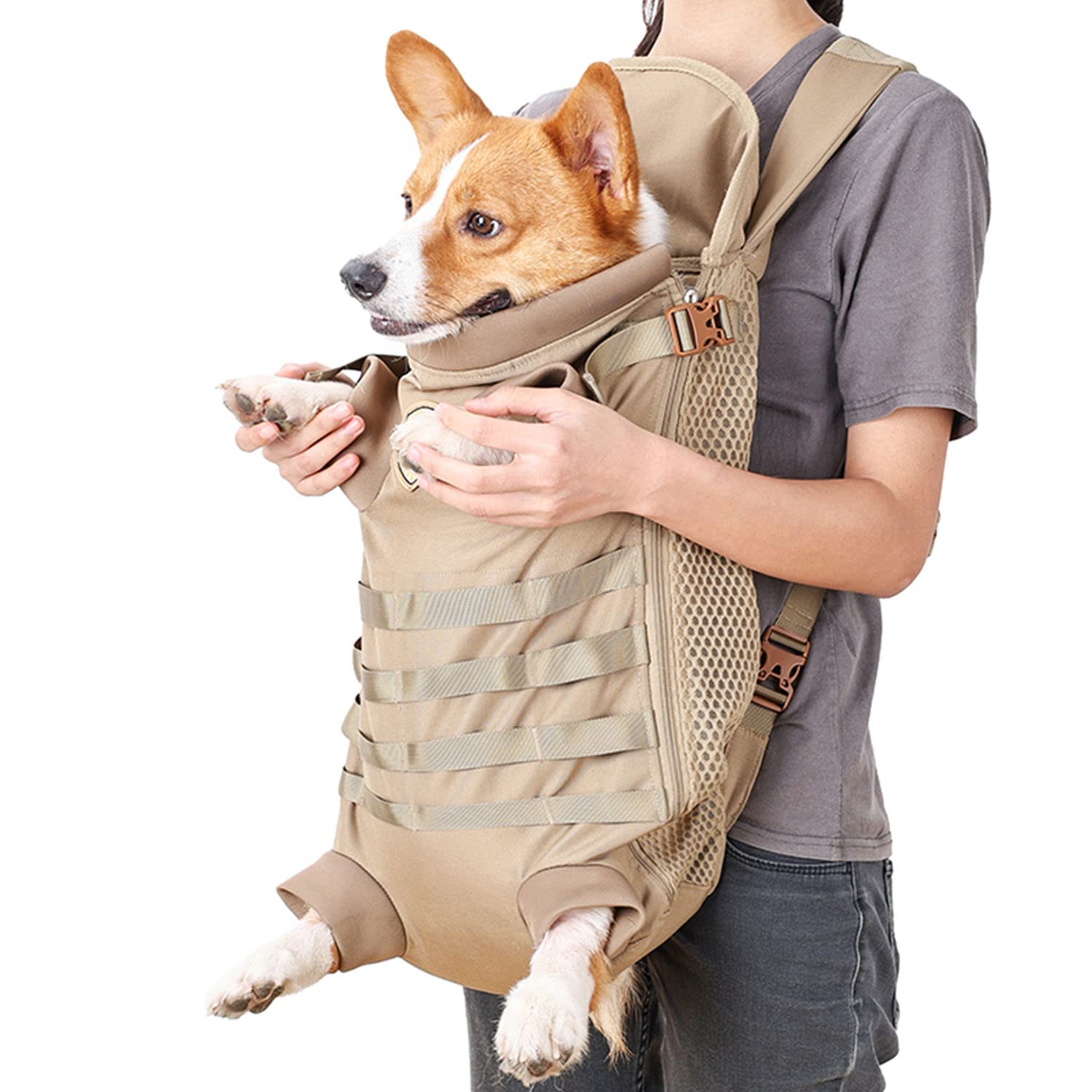 FLAdorepet Dog Carrier Tactical Backpack for Medium Large Dogs,Soft Hands-Free Legs Out Pet Front Cat Dog Carrier Backpack Trave