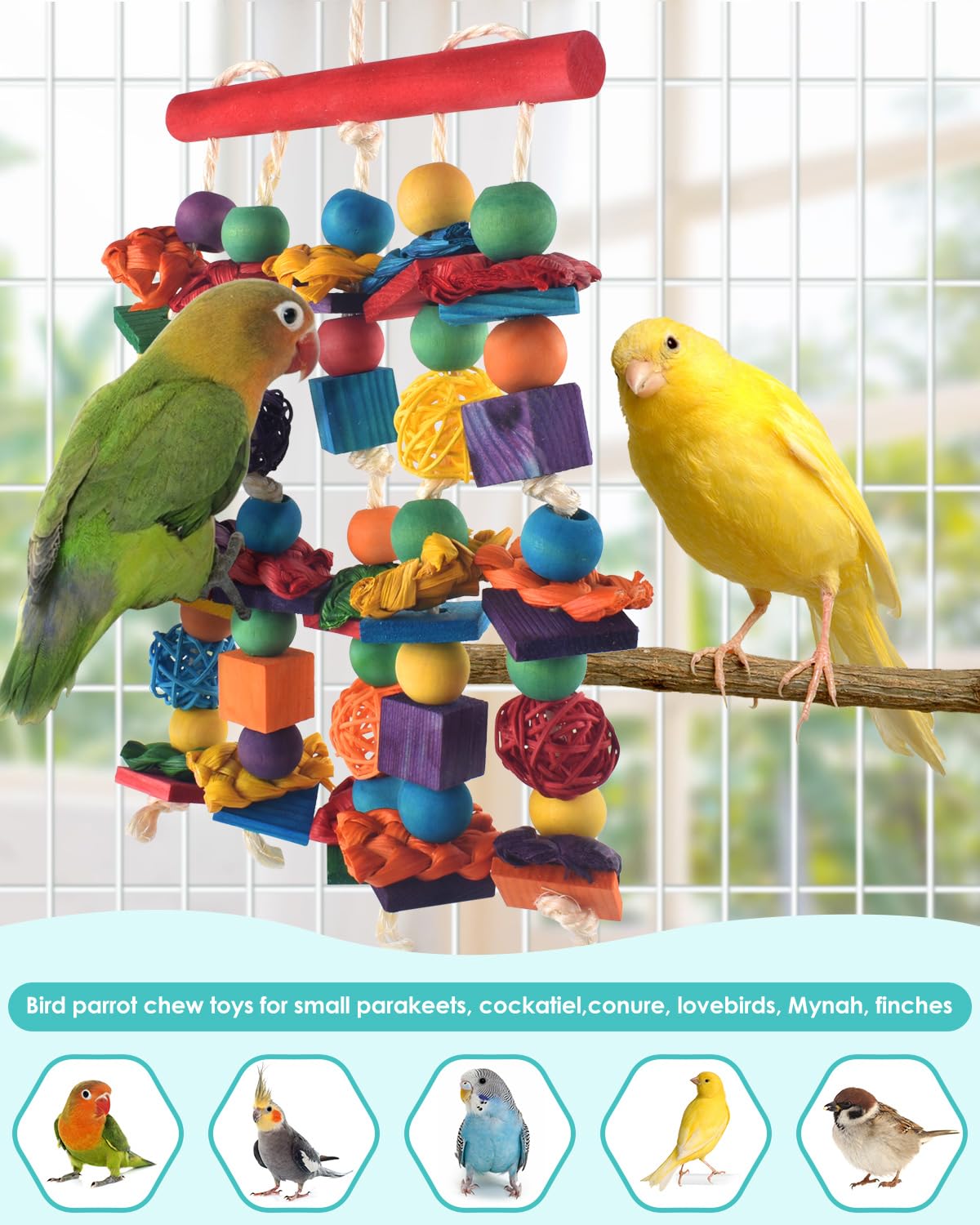 Dbness Bird Toys, 2Pcs Parrot Foraging Hanging Toy, Multicolored Natural Wooden Blocks Parakeet Chewing Toys Mit Rattan Wicker B