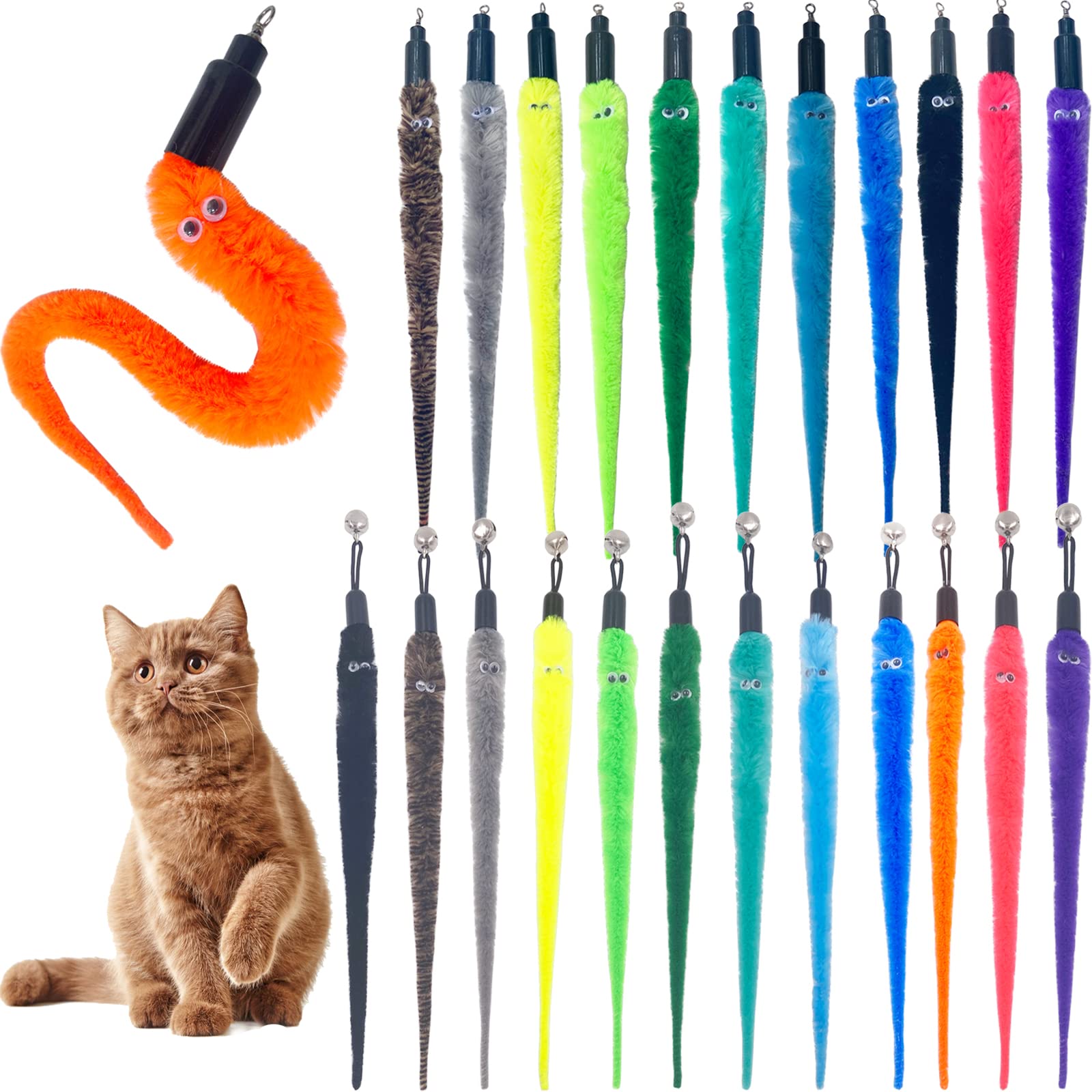 Tienailing Cat Toy Worm Refills, 24 Pieces Interactive Cat Wand Attachments Worms Toy For Indoor Cats