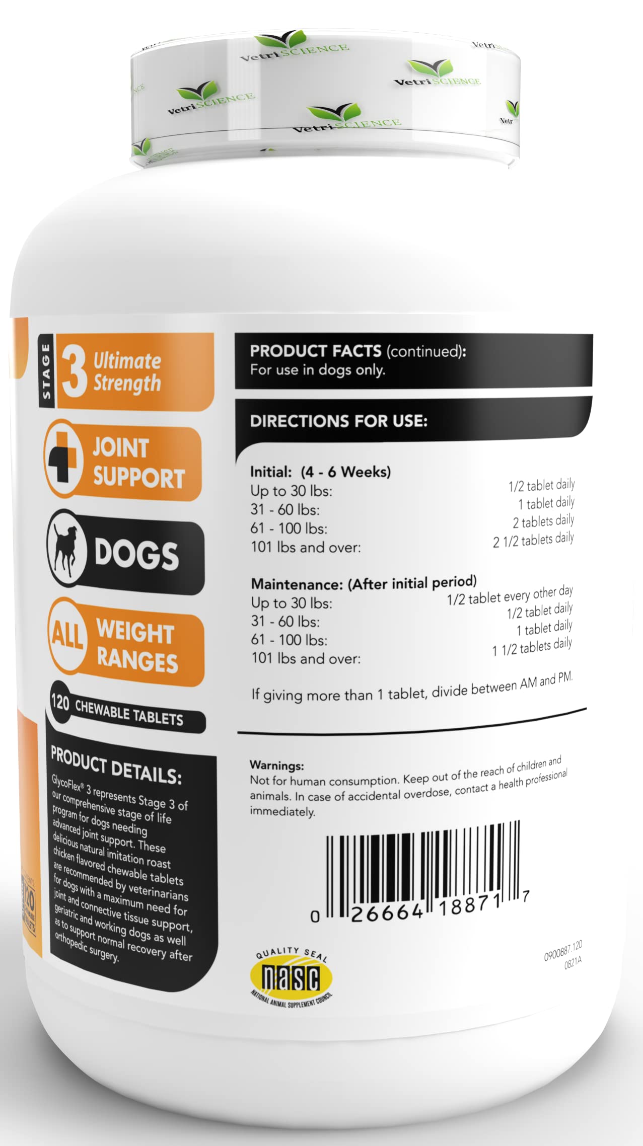 VETRISCIENCE Glycoflex 3 Maximum Strength Hip & Joint Support for Dogs - Glucosamine, DMG, MSM & Green Lipped Mussel - Great Tas