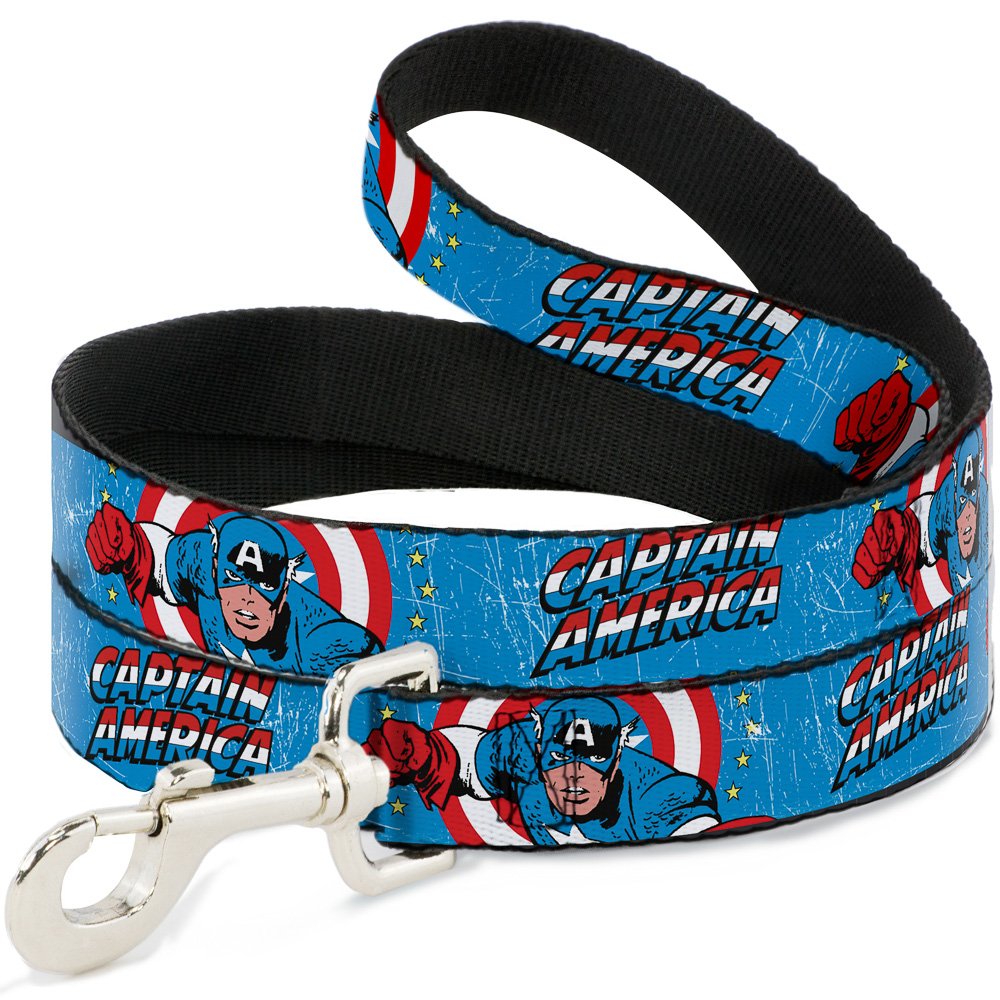 Buckle-Down Pet Leash - Captain America W/Action Pose Weathered Blue - 4 Feet Long - 1'' Wide