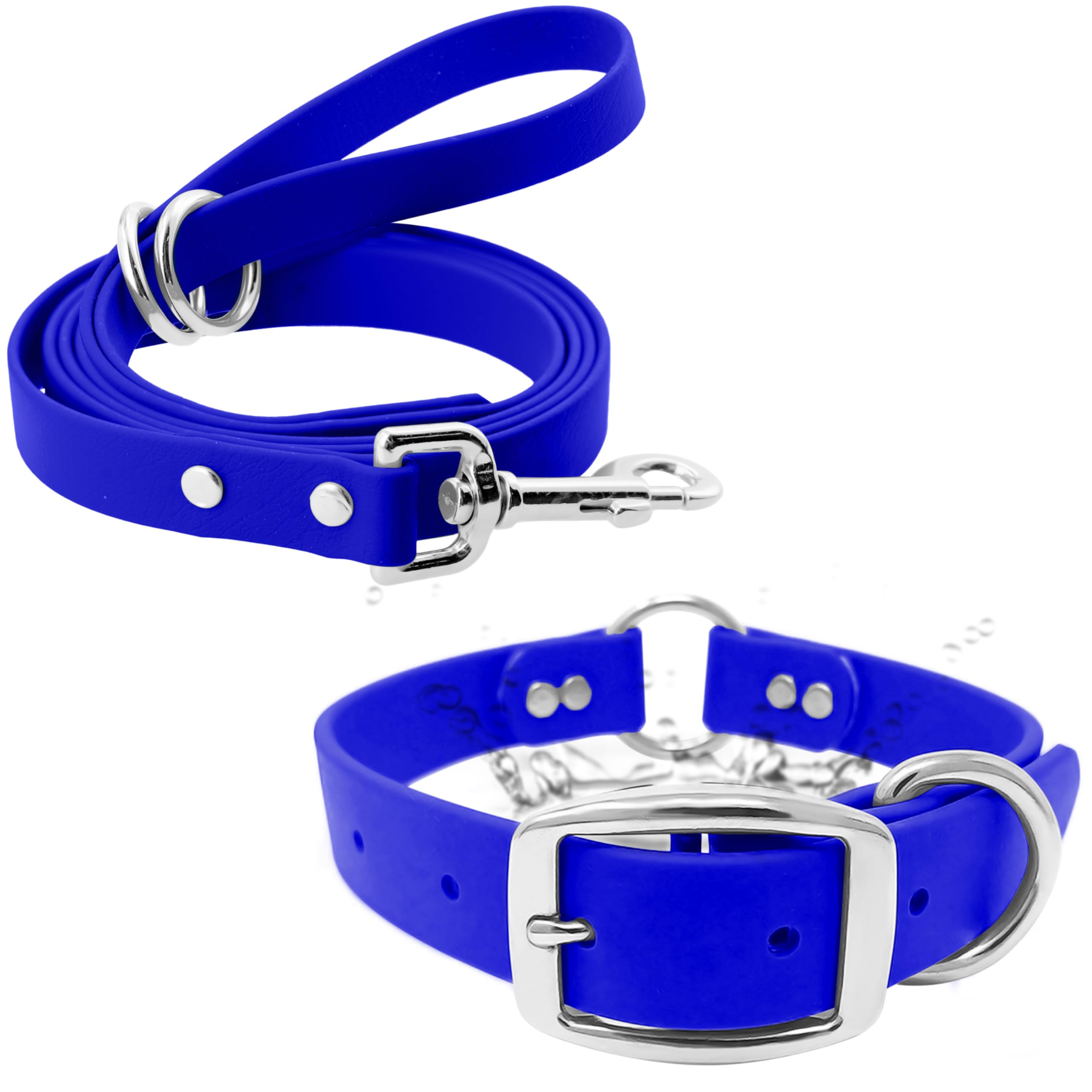 Regal Dog Products Medium Blue Waterproof Dog Collar And Leash Set - Vinyl Coated Biothane Pet Training Collar With Heavy Duty C