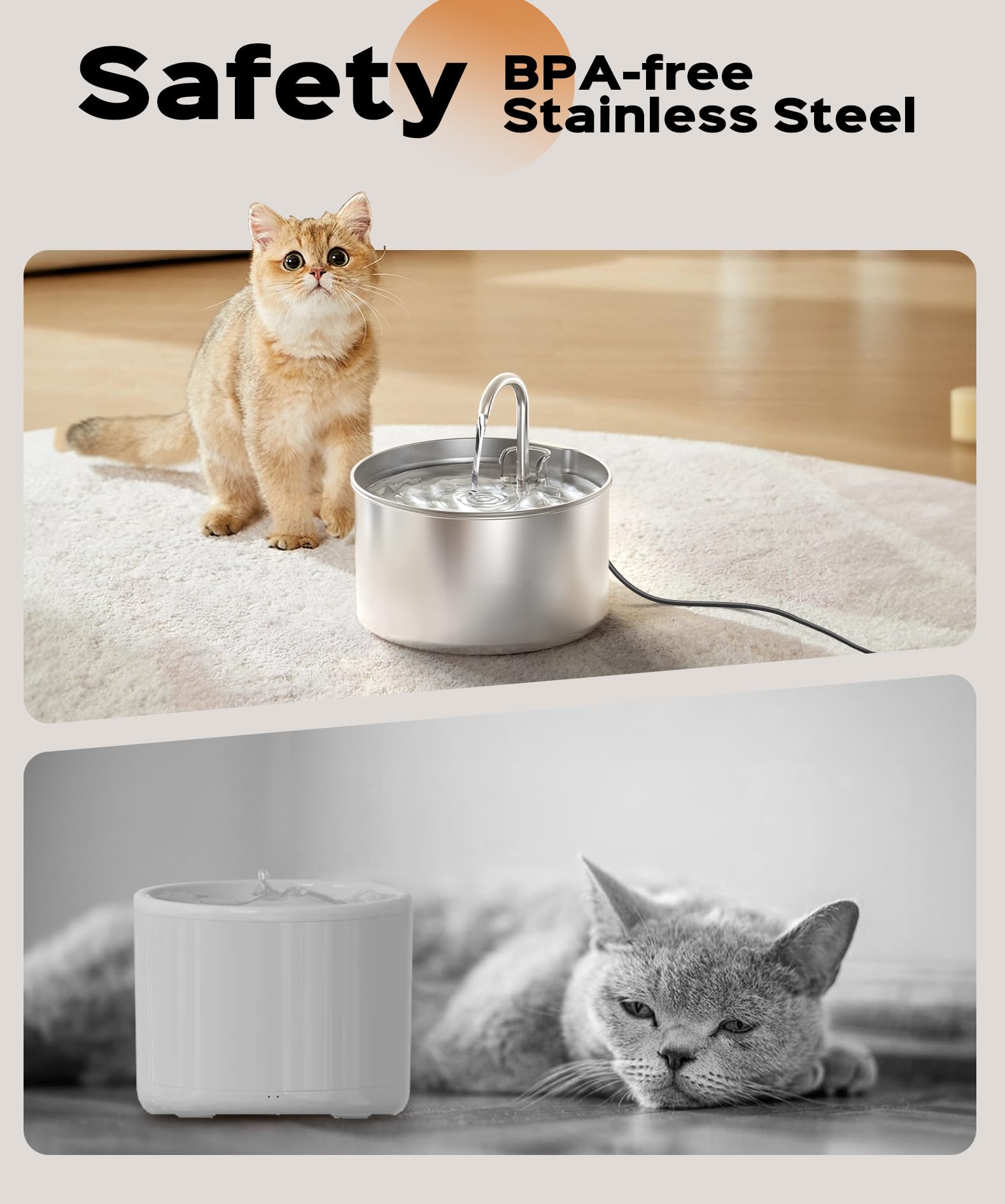 Cat Water Fountain Stainless Steel + 6 Filters + 3 Sponges - Pet Water Fountain 24/7 Keep The Water Fresh 74Oz Capacity Ultra-Qu