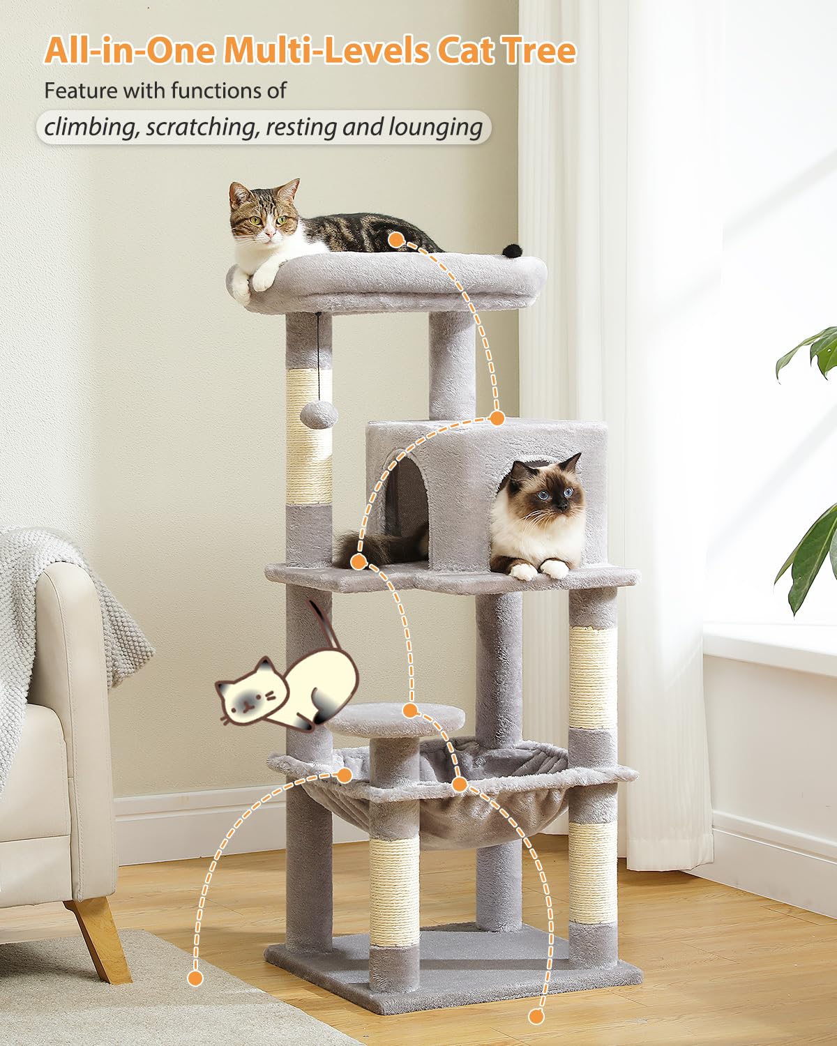 PETEPELA 45.7  Cat Tree for Indoor Cats, 5-Level Cat Tower for Large Cats with Metal Frame Large Hammock (17.3 x15.3 ), Cat Cond