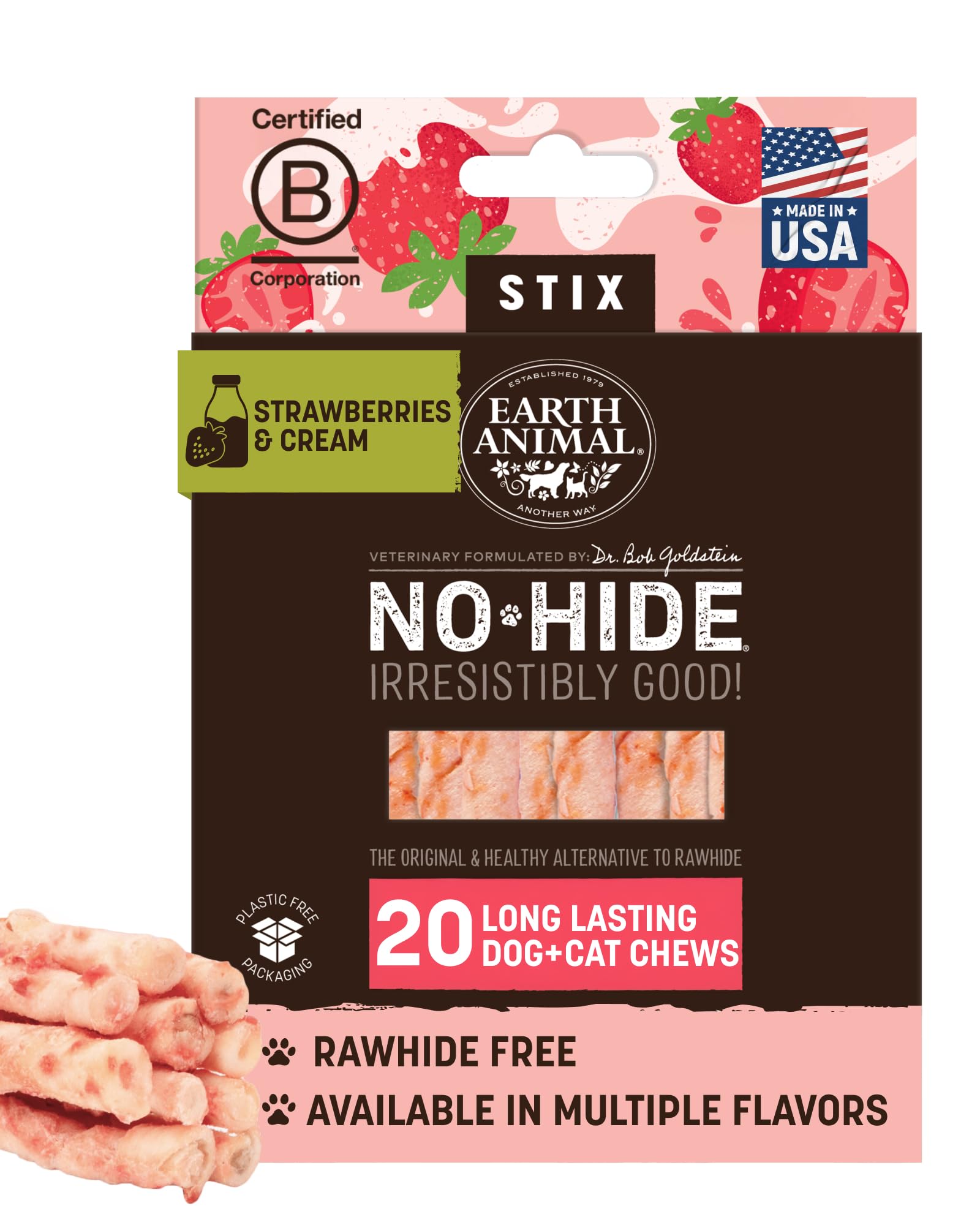 Earth Animal No-Hide Stix Strawberries & Cream Vegetarian Recipe Natural Rawhide Alternative Dog & Cat Chews, 20 Pack Value Pack