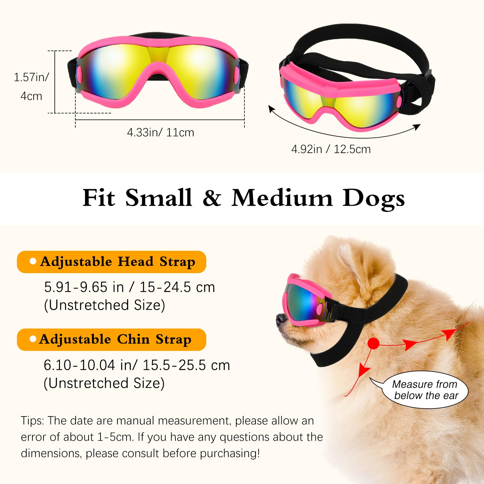 Lewondr Dog Goggles Small To Medium Breed, Dog Sunglasses With Adjustable Straps & Air Vents, Uv/Wind/Dust/Fog/Snow Proof Dog Ey