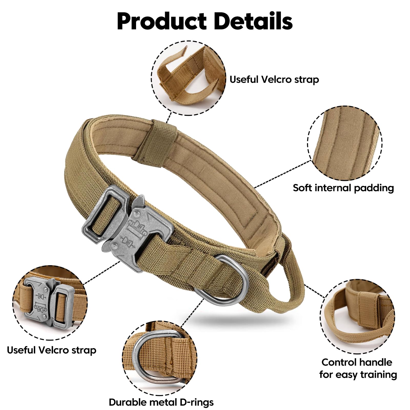 Tactical Adjustable Military Dog Collar - Nylon With Control Handle & Heavy Metal Buckle For Medium & Large Dogs (L, Brown) With
