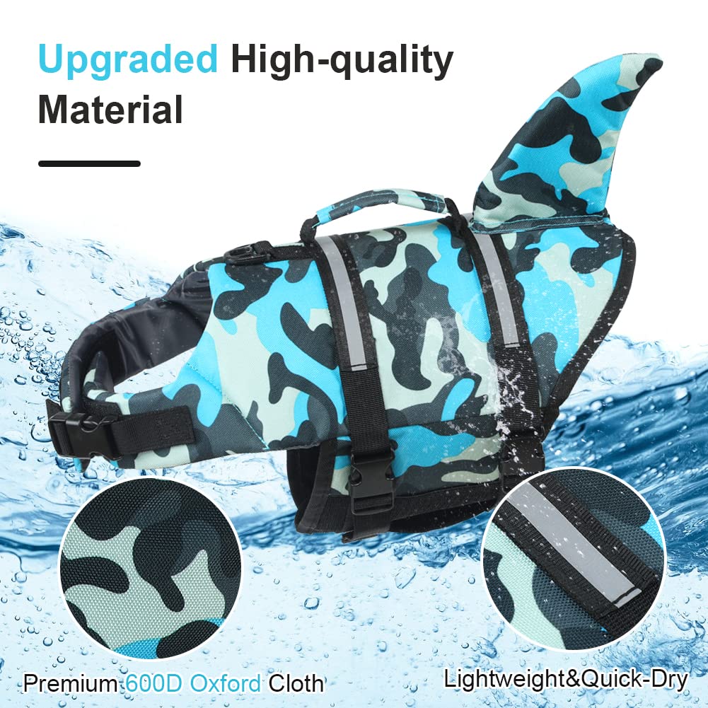 Emust Shark Life Jackets For Dogs, Adjustable Ripstop Dog Life Vest For Water Safety Pet Life Vest With Rescue Handle Safety Vest For Swimming Pool Beach Boating, (L,Blue Camouflage)