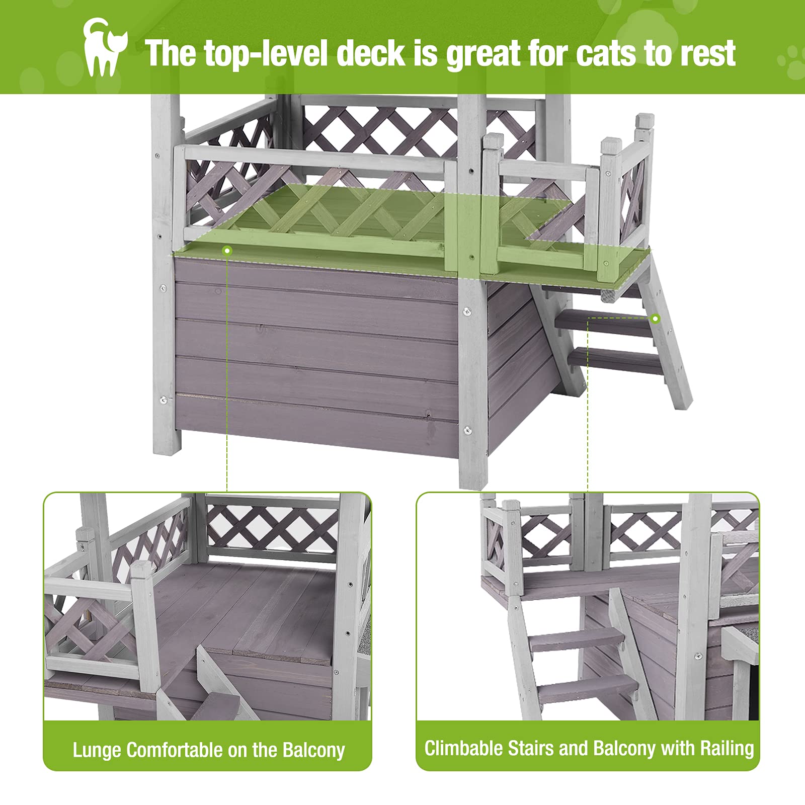 Cat House With Door For Feral Cats, Rainproof Outside Kitty House, 2 Story Wooden Kitten Condo With Stairs (Air09-Bs)