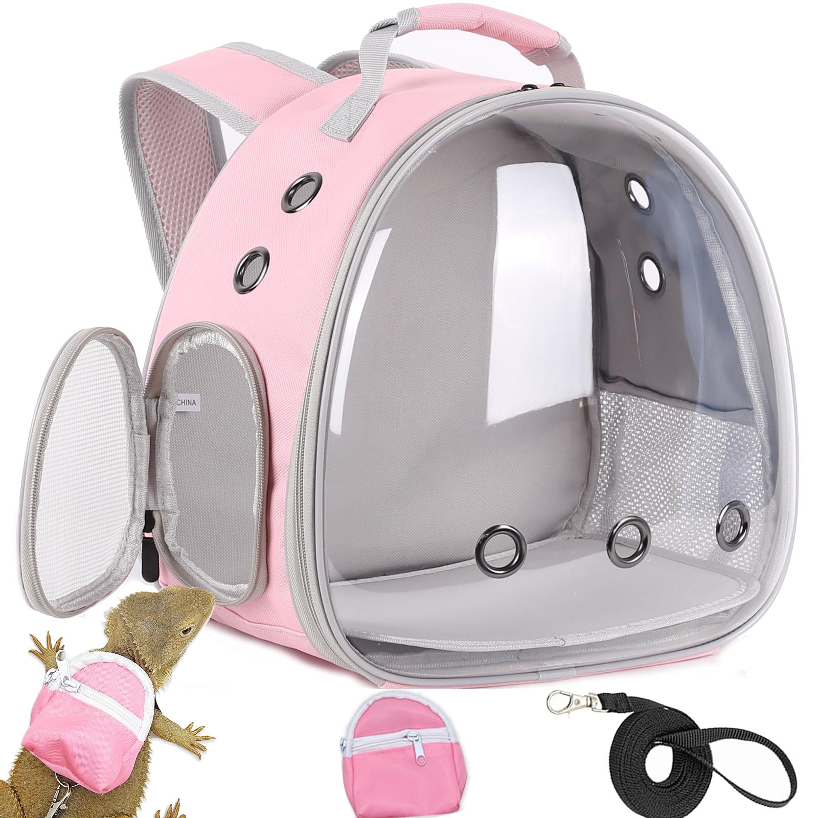 Leopard Gecko Backpack Carrier,Reptile Portable Backpack Carrier With Small Backpack Harness Leash Set,Space Capsule Clear Bubbl