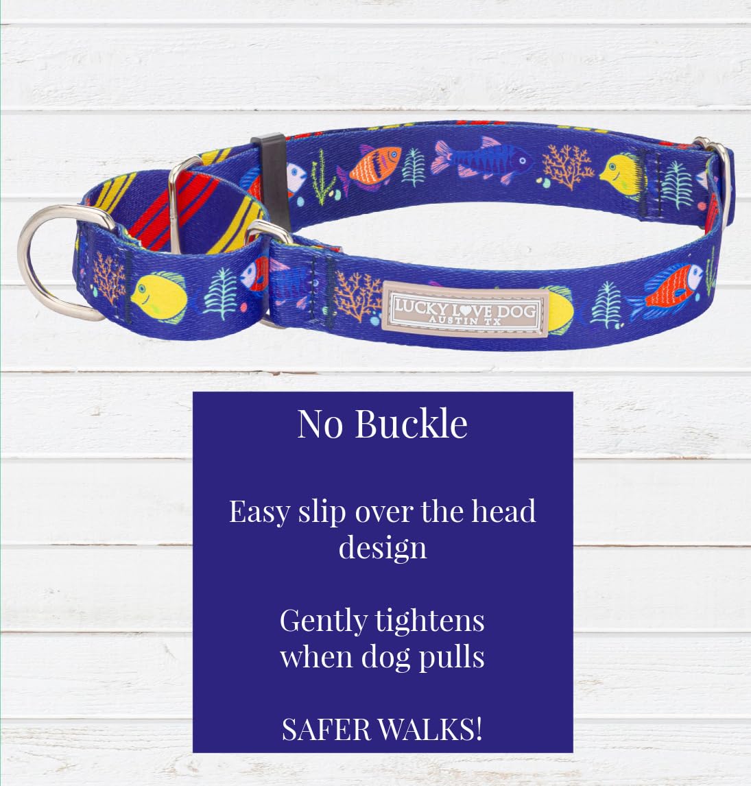Lucky Love Dog Martingale Collar, Blue Color No Slip Collars For Small Dogs, Tropical Fish Pattern Martingale Dog Collar, Great