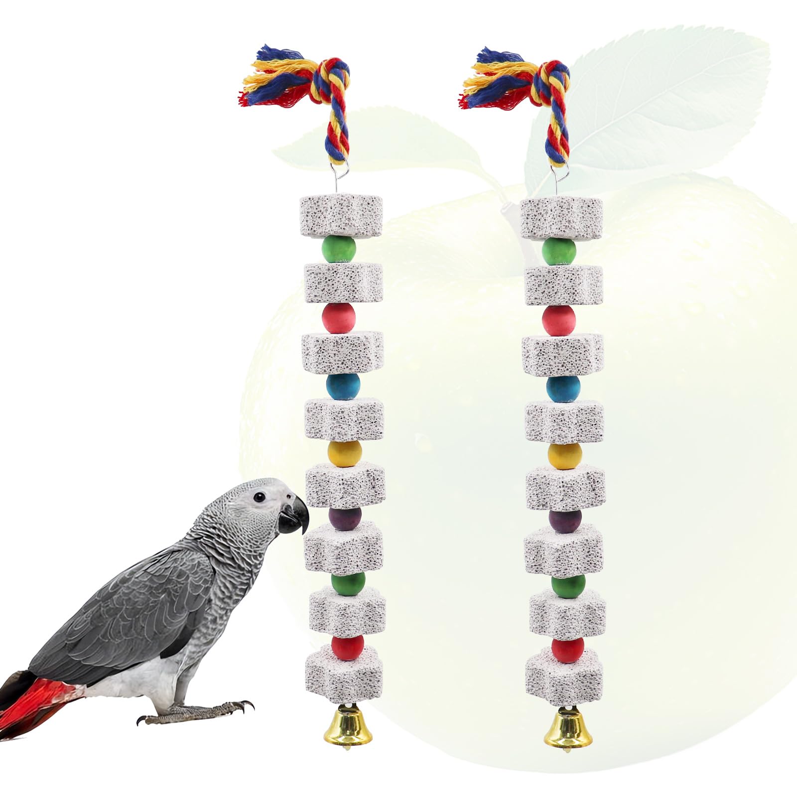 2 Pack Bird Beak Grinding Stone With Apple Scent, Large Parrot Chewing Calcium Stone Toy With Bells, Bird Cage Accessories, Suit