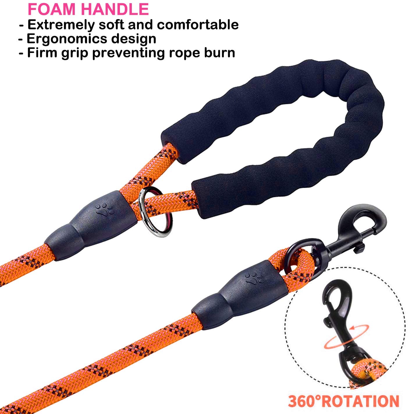 JSXD Heavy Duty Double Handle Dog Leash - 5 FT with Comfortable Padded & Reflective Rope for Small, Medium, Large Dogs (Rope-Ora