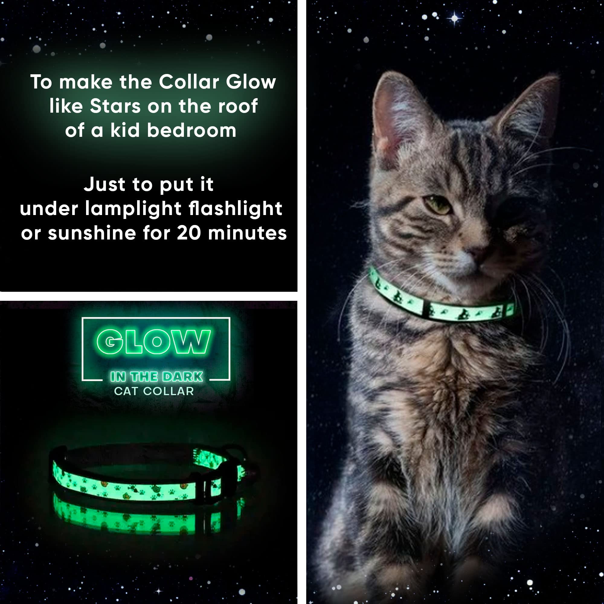 Pawtitas Halloween Cat Collars For Cats Adjustable Collar Glow In The Dark Feature And Safety Breakaway Buckle And Removable Bell To Match Your Halloween Cat'S Costume - Black Cat Pattern